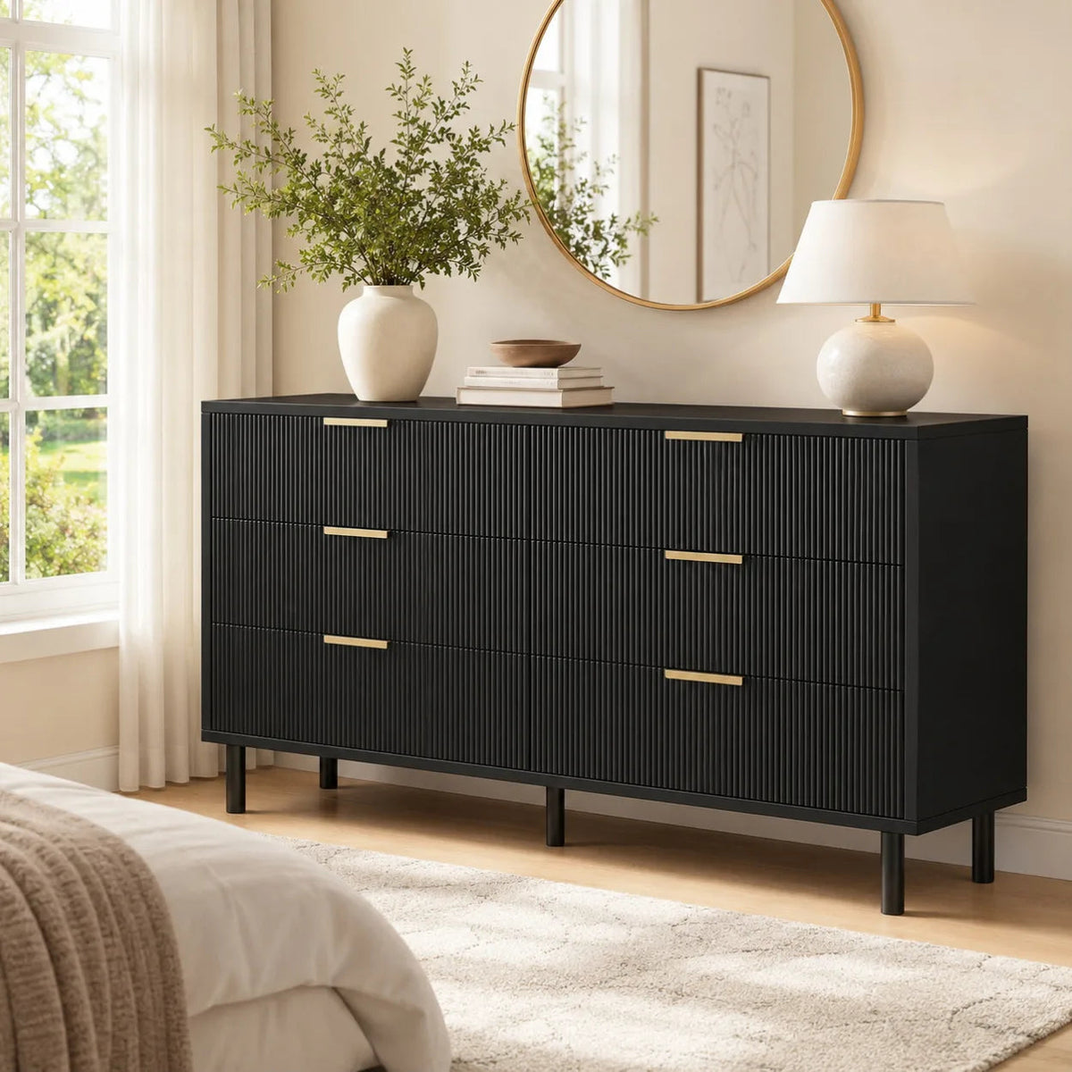 Fluted 6 Drawer Dresser with Metal Legs Wide Storage Cabinet Wood Chest of Drawers Anti Tipping Design Bedroom Living Room Hallway Organizer The Pet & Home Store