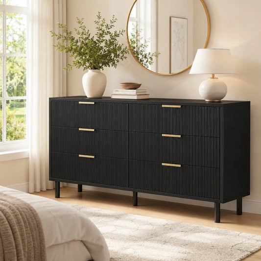 Fluted 6 Drawer Dresser with Metal Legs Wide Storage Cabinet Wood Chest of Drawers Anti Tipping Design Bedroom Living Room Hallway Organizer The Pet & Home Store