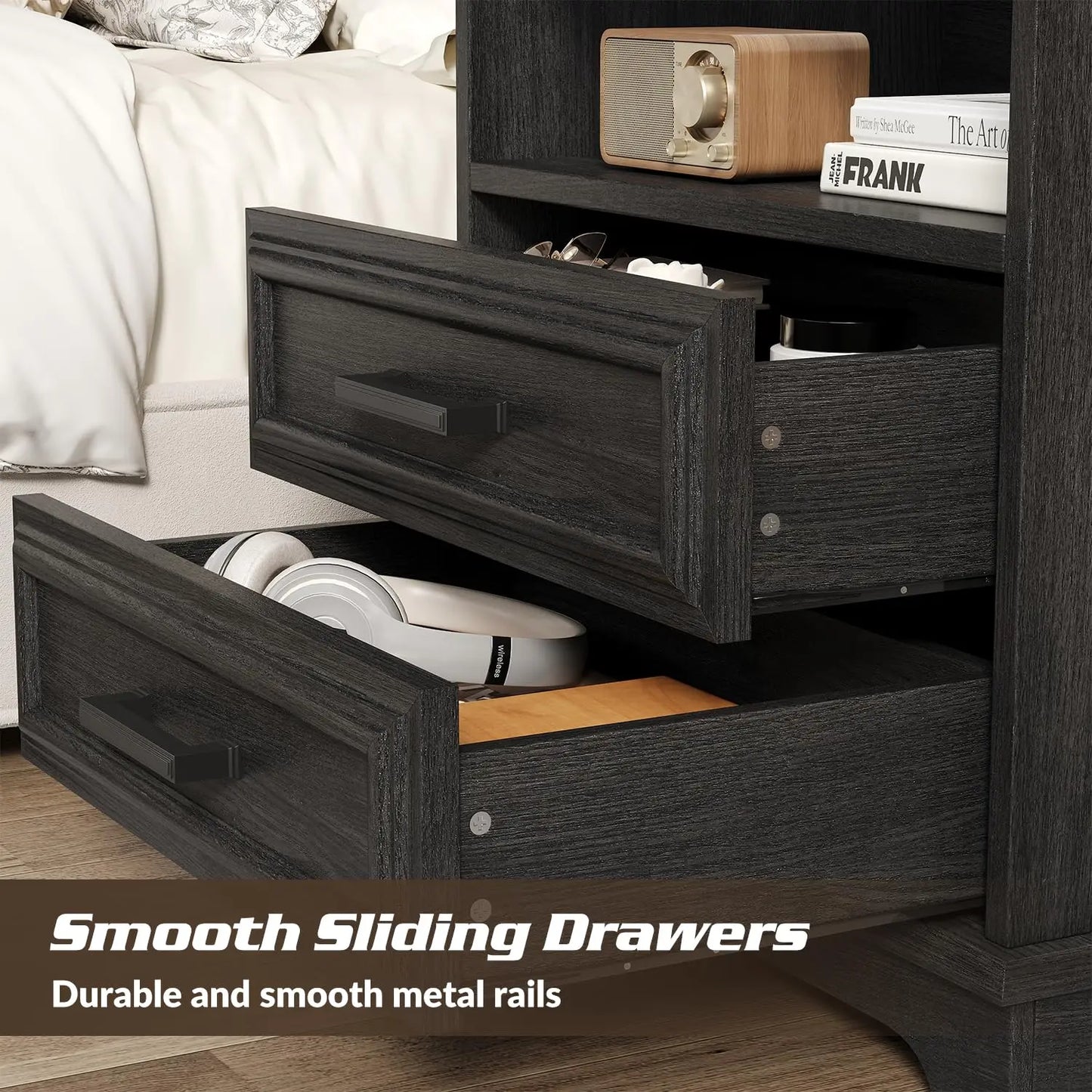 24 Inch Wide Farmhouse Nightstands Set of 2 with Charging Station, Dark Gray Nightstand with 2 Large Drawers,, Customized