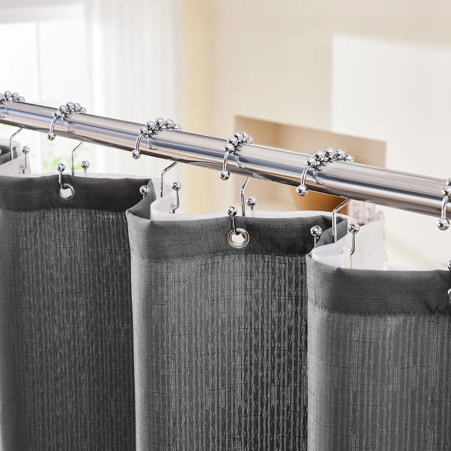Grey Shower Curtain Set with Waterproof Liner and 12 Hooks, 72x72 Inches for Bathroom