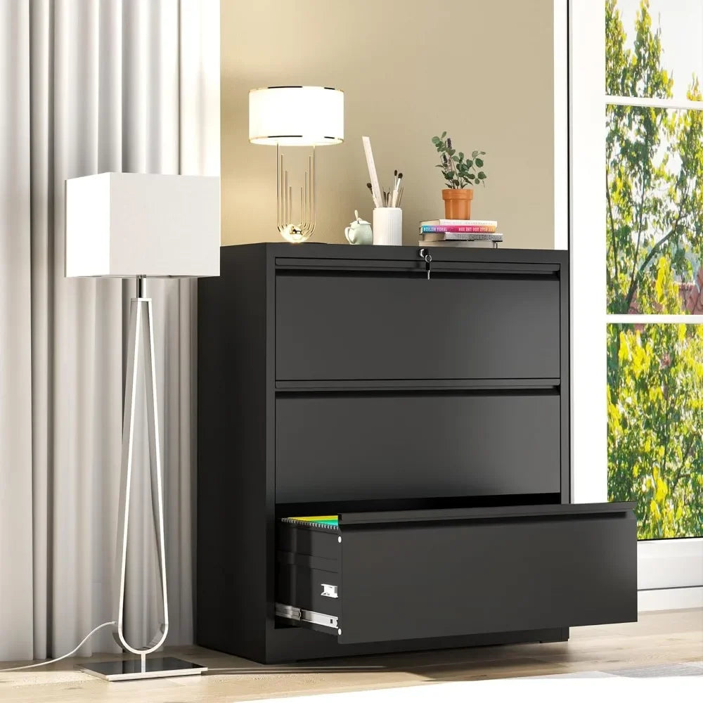 3-drawer lateral file cabinet with lock, black metal heavy duty for home office hanging letter files