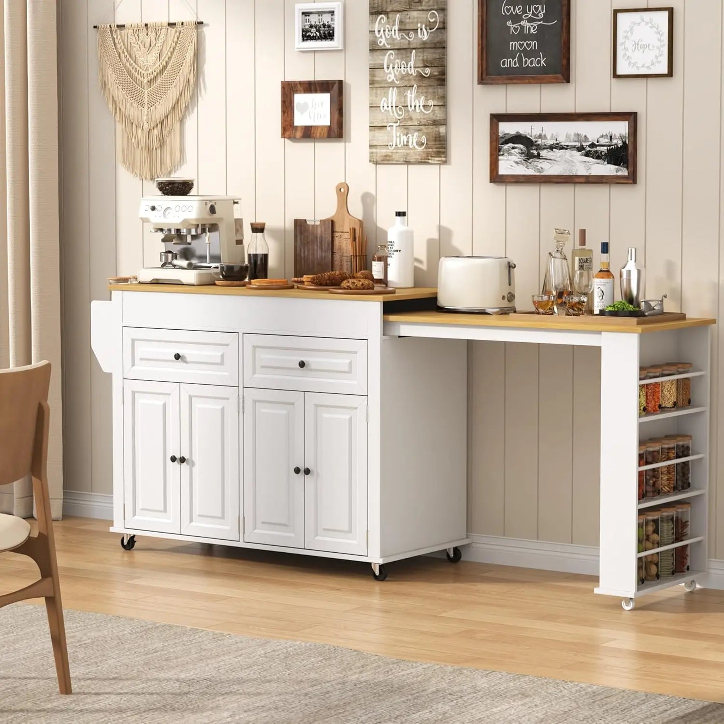 Extendable Kitchen Island With Power Outlet And Storage