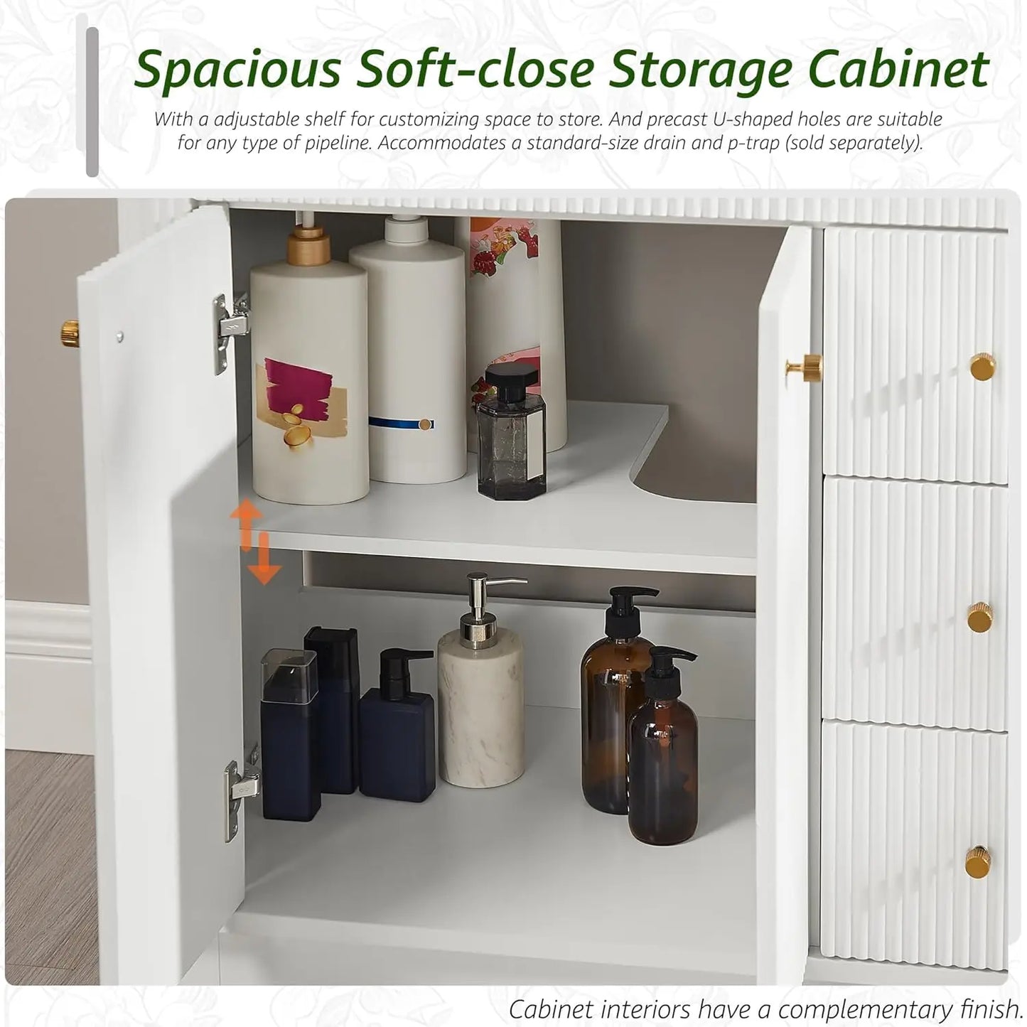36in Modern Fluted Bathroom Vanity with Sink Storage Cabinet Adjustable Shelf & 3 Drawers Solid White, Custom