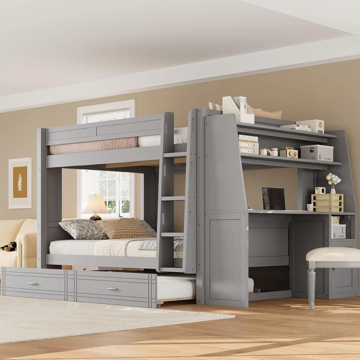 Full Over Full Multifunctional Bunk Bed with Desk and Bookshelves, Drawers, Space-Saving Wooden Bunk Bed for Kids &, Customized