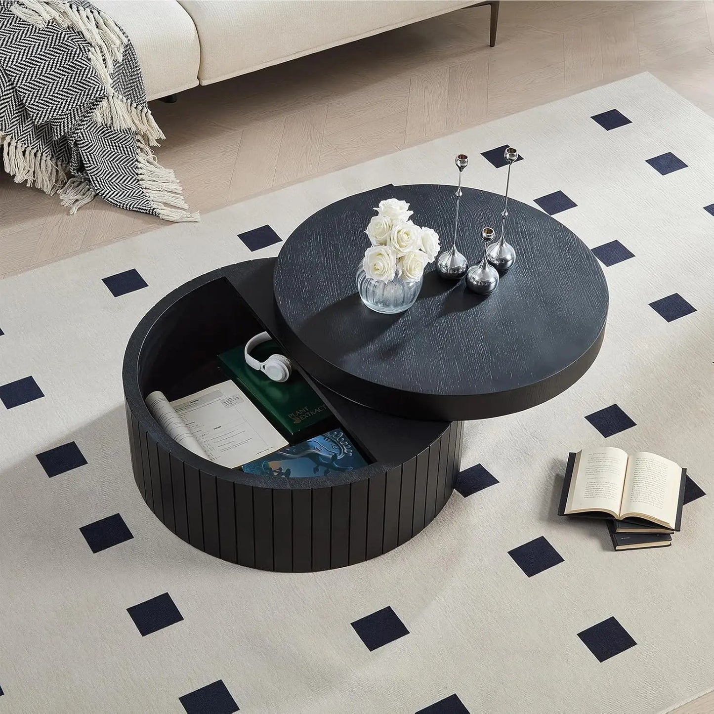 Wood Pedestal Coffee Table For Living Room Minimalist Modern Circle
