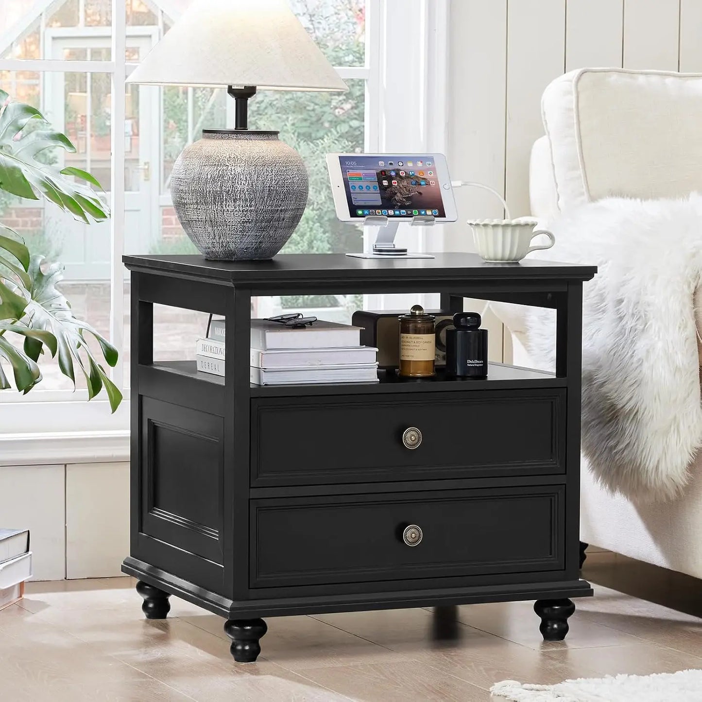 Farmhouse Wood Nightstand With Charging Station And Two Drawers