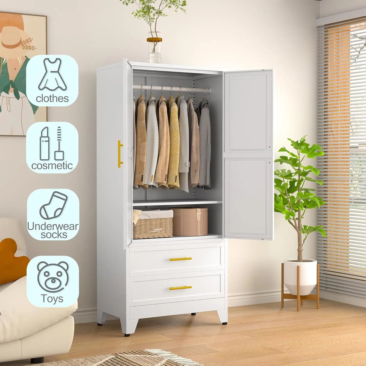 Metal Armoire Wardrobe Closet, 71 "Metal Clothing Storage Cabinet with Adjustable Shelves and Hanging Rod, Household, Custom