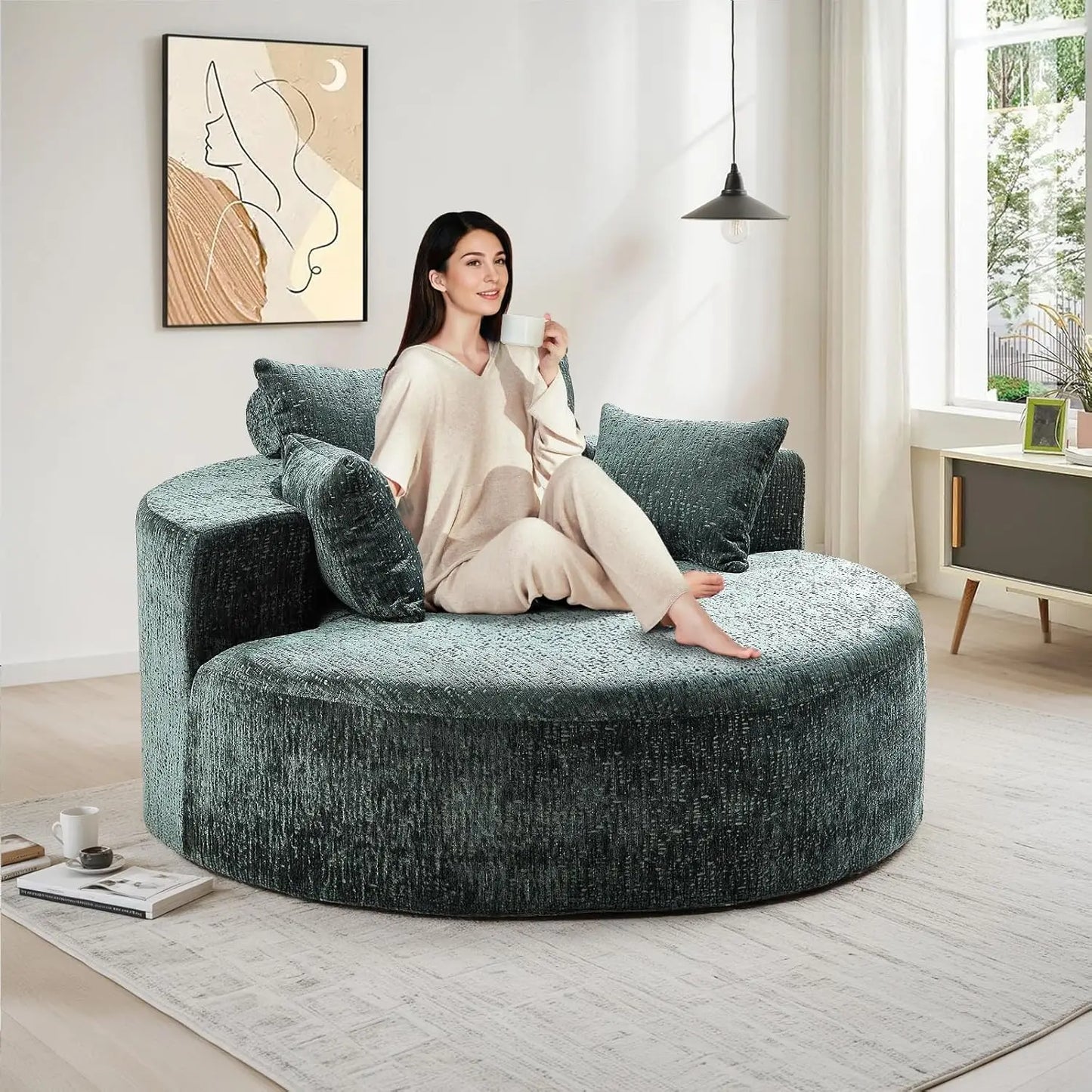 Oversized Round Chaise Longue Chair Indoor, Modern 55-inch Upholstered Chenille Deep Seat Circle Single Cloud, Customized