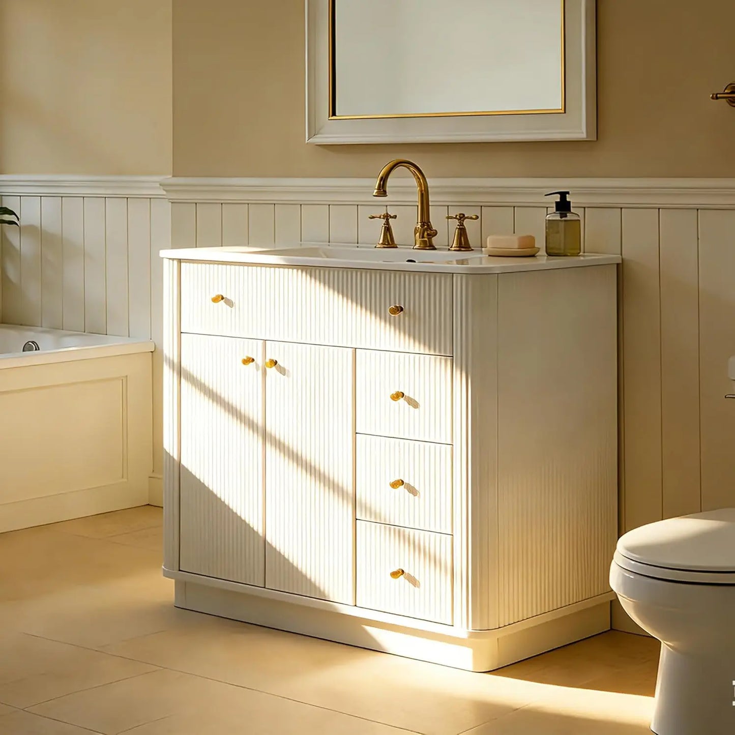 36in Modern Fluted Bathroom Vanity with Sink Storage Cabinet Adjustable Shelf & 3 Drawers Solid White, Custom
