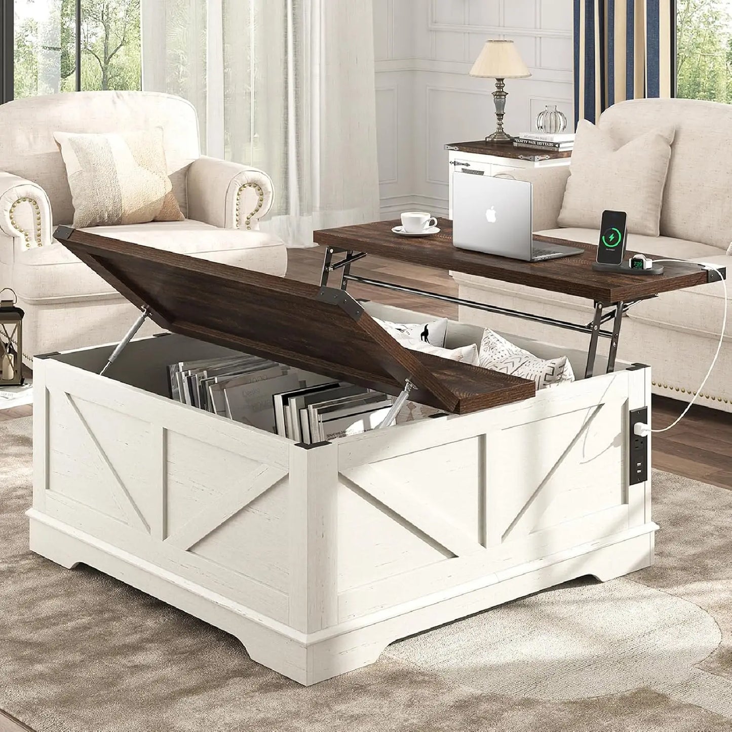 40" Farmhouse Lift Top Coffee Table, Power Outlets & Large Hidden Storage, Square Wood Living Room Table, Custom