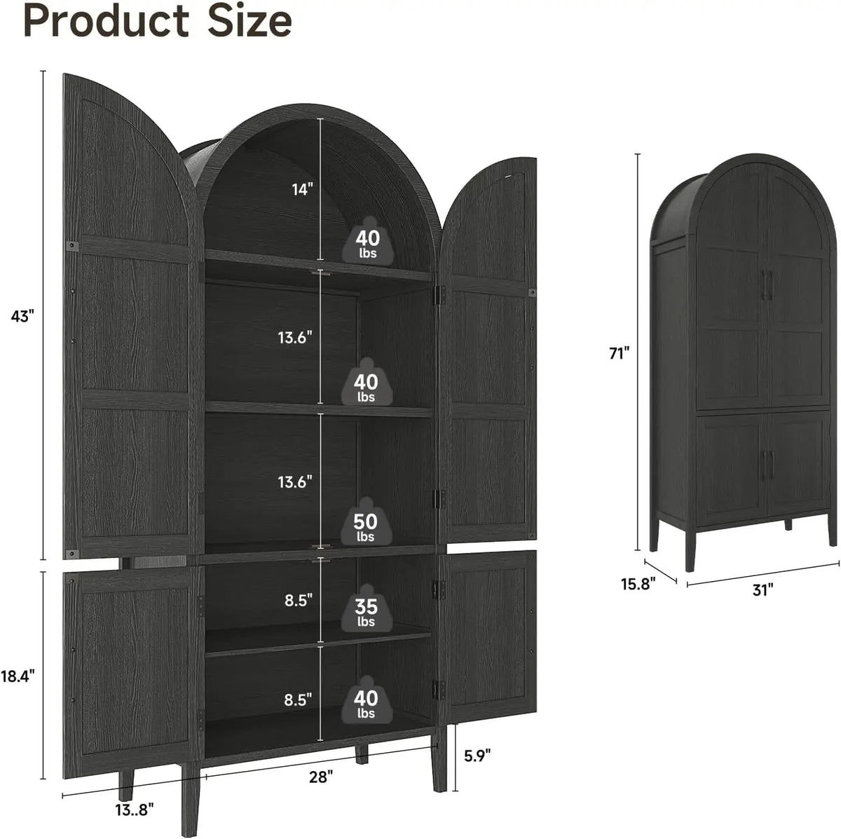 71" Tall Farmhouse Arched Pantry Cabinet, 5-Tier Wooden Storage w/Adjustable Shelves & Feet, Kitchen Cabinet w/Doors for Dining Room Organization The Pet & Home Store