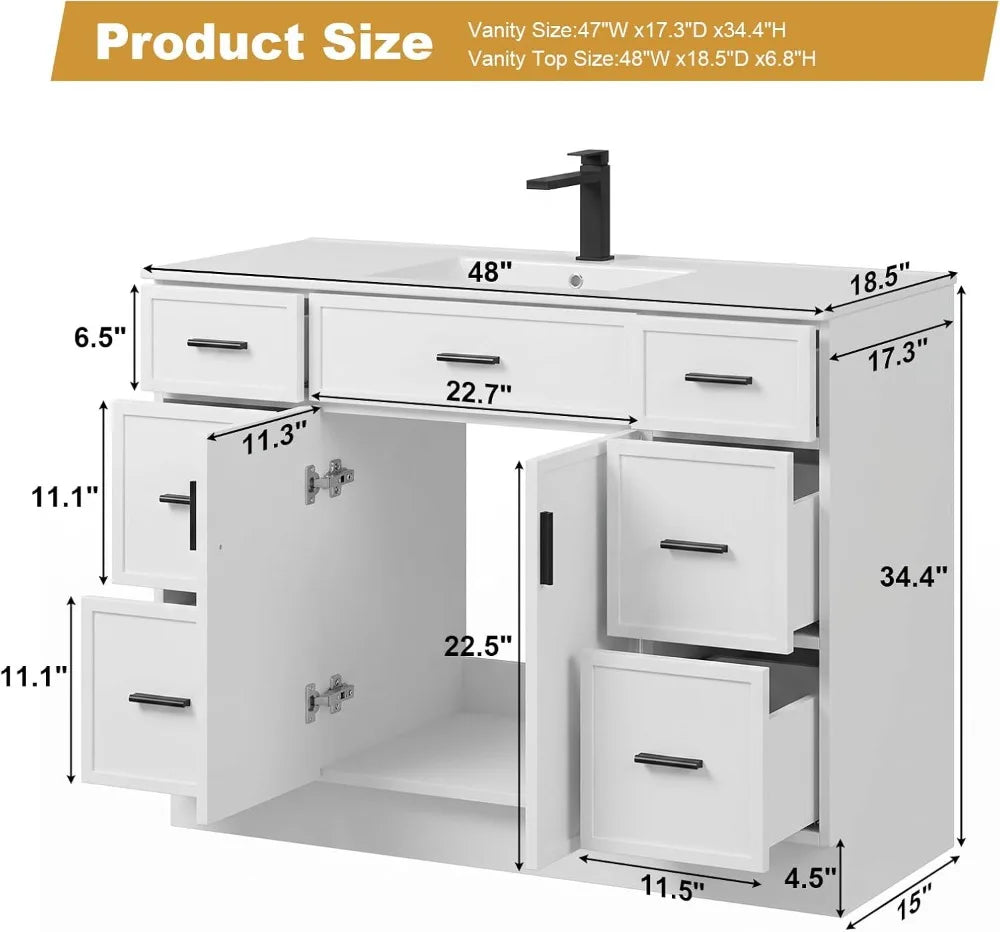 48" Bathroom Vanity with Sink, Farmhouse Cabinet, 2 Soft Close Doors & 6 Drawers, White