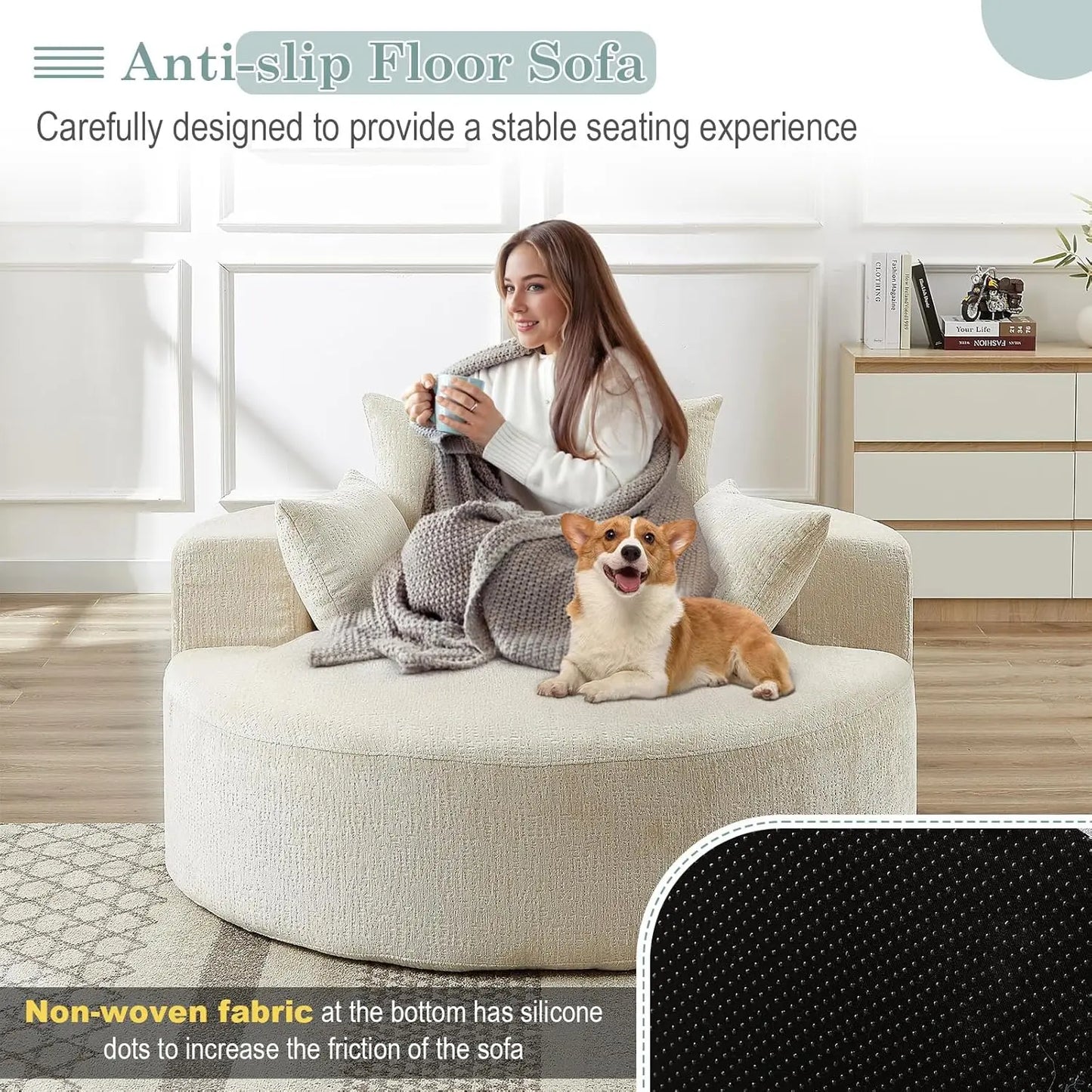 Oversized Round Chaise Longue Chair Indoor, Modern 55-inch Upholstered Chenille Deep Seat Circle Single Cloud, Customized