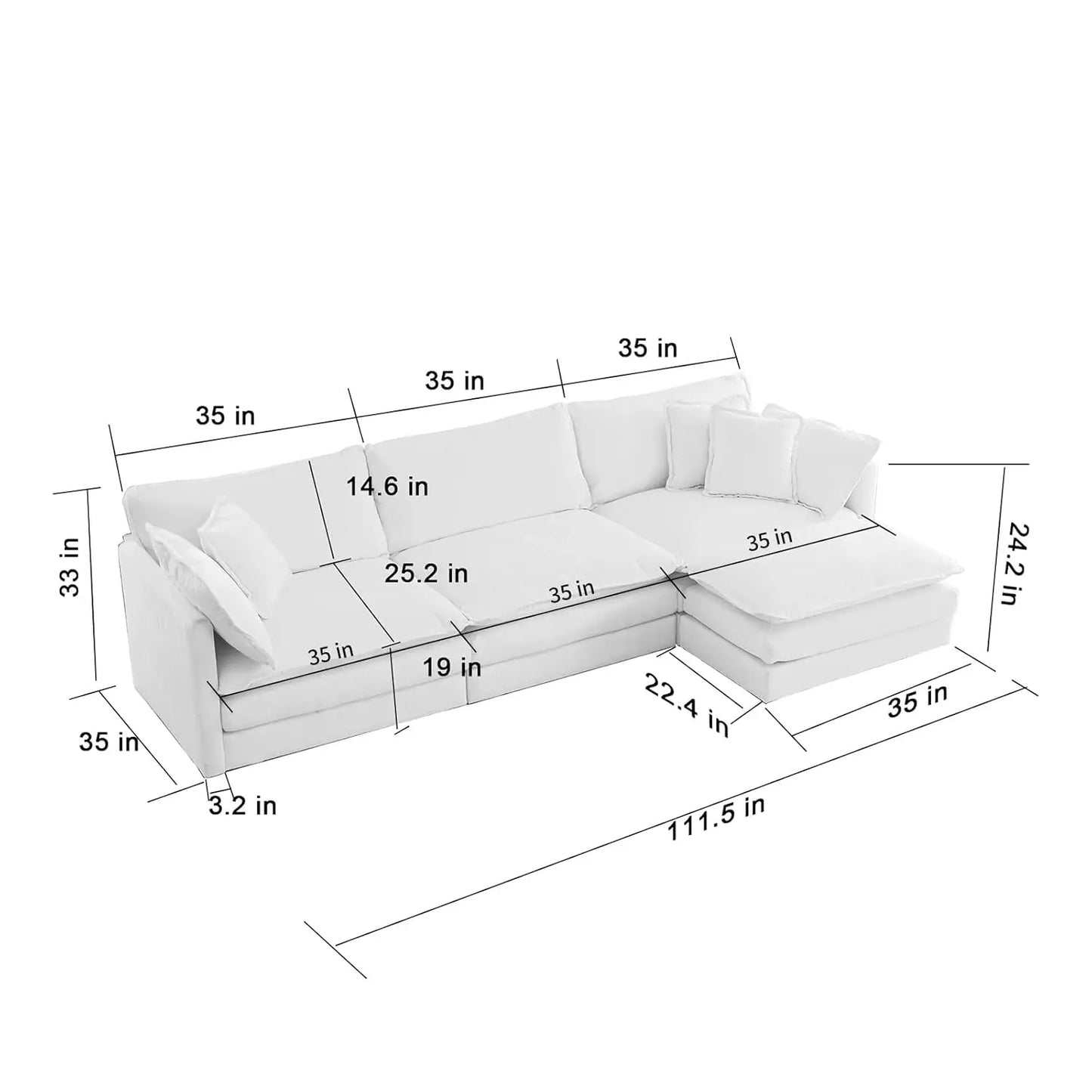 111.5" Blue Modular Sectional Sofa Chenille Deep Seat L-Shape Oversized Living Room Set With Ottoman, Customized