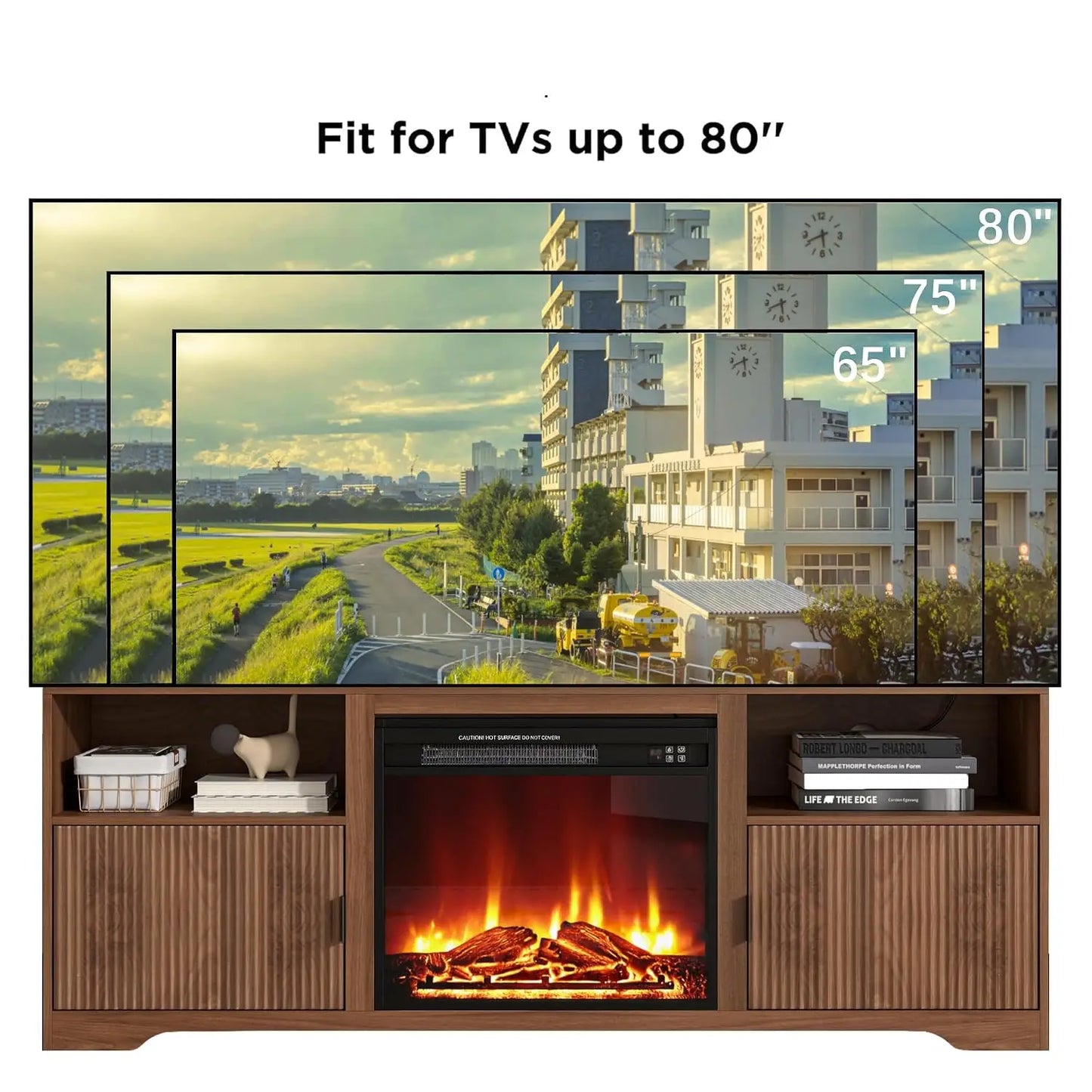 Fluted TV Stand With Electric Fireplace And Adjustable Shelf