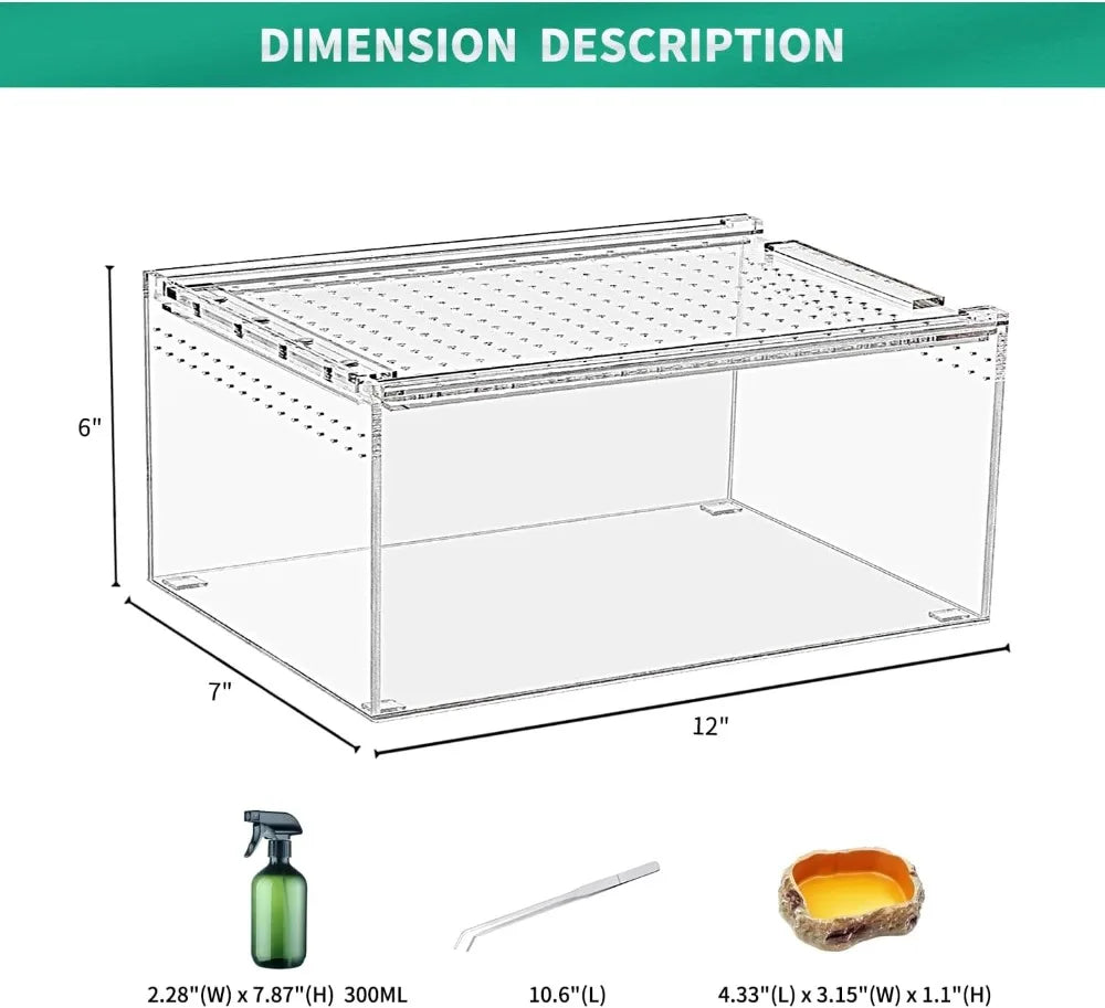 12"x7"x6" Reptile Breeding Box, Acrylic Enclosure, Magnetic Closure, for Tarantula, Hermit Crab, Jumping Spider, Gecko, Bearded Dragon