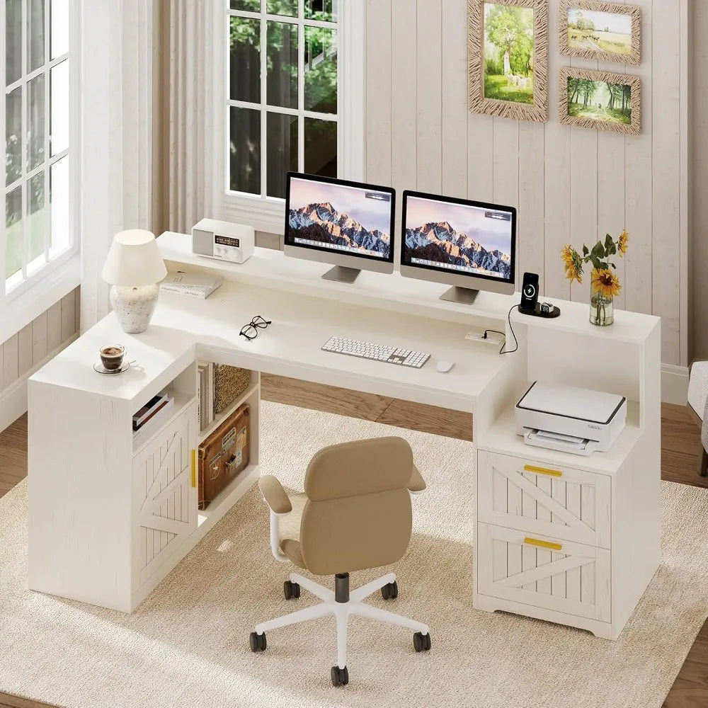 L Shaped Home Office Desk With USB Outlet And Storage