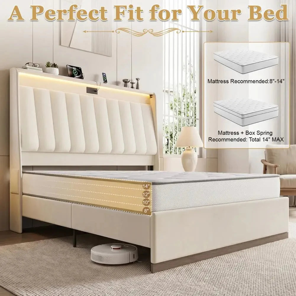 Platform Bedstead, King Size Bed Frame, Upholstered Bed Frame with RGB LED Lighting Charging Station The Pet & Home Store