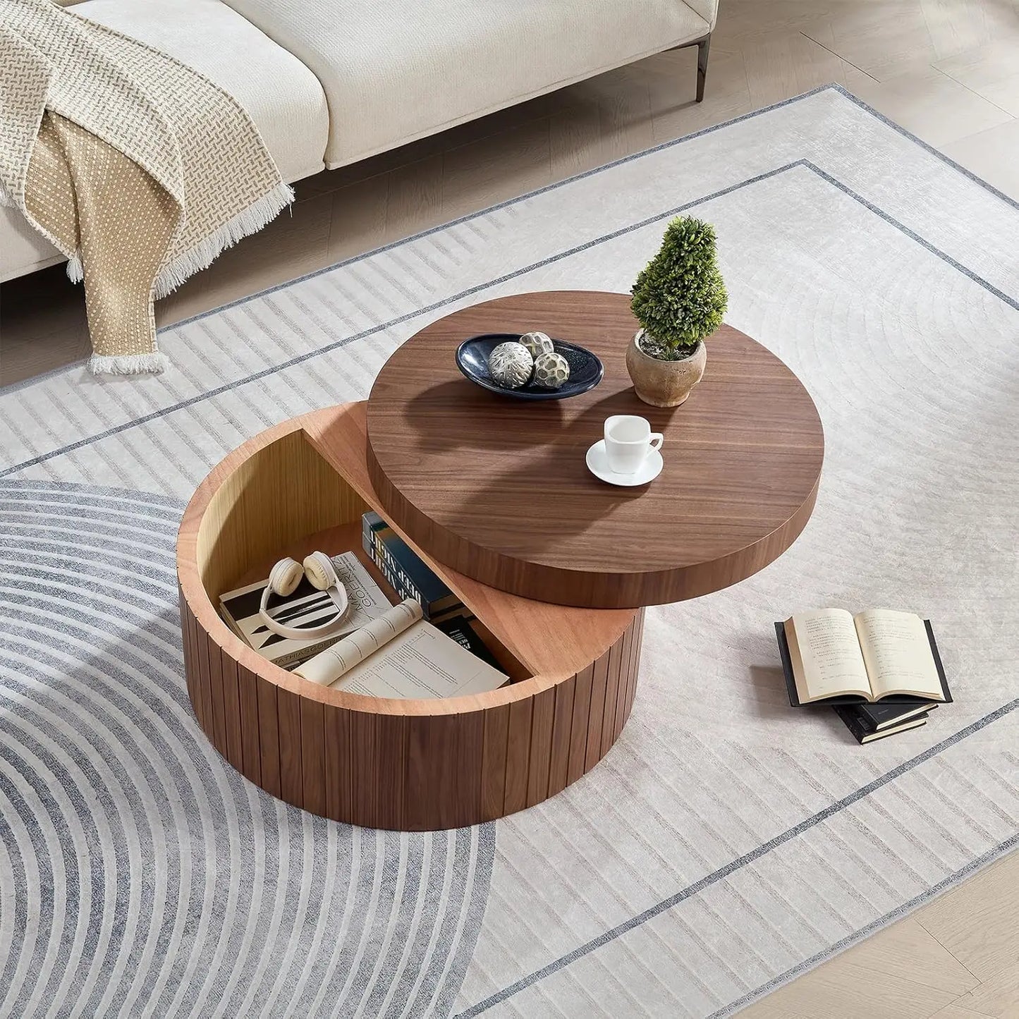 Wood Pedestal Coffee Table For Living Room Minimalist Modern Circle
