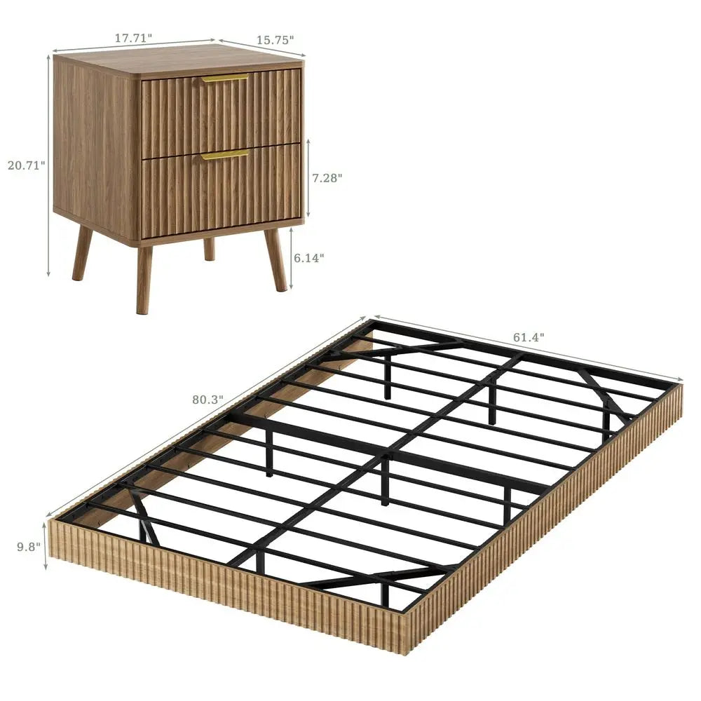 3 Pieces Queen Bedroom Set, Floating Bed Frame with Smart LED Lights amp Nightstand Set of 2, Fluted Bedroom Furniture Set for