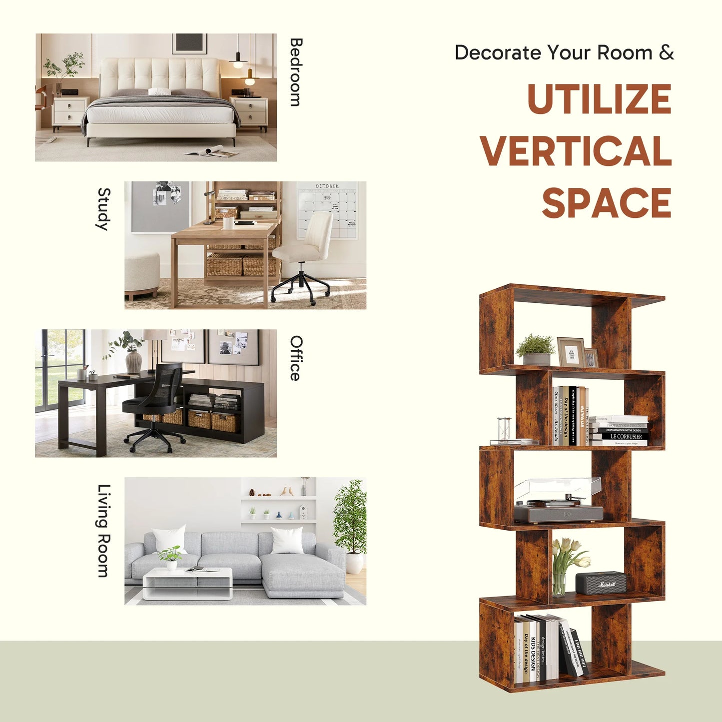 JHK Geometric 5-Tier S-Shaped Wooden Bookshelf For Home Office Display