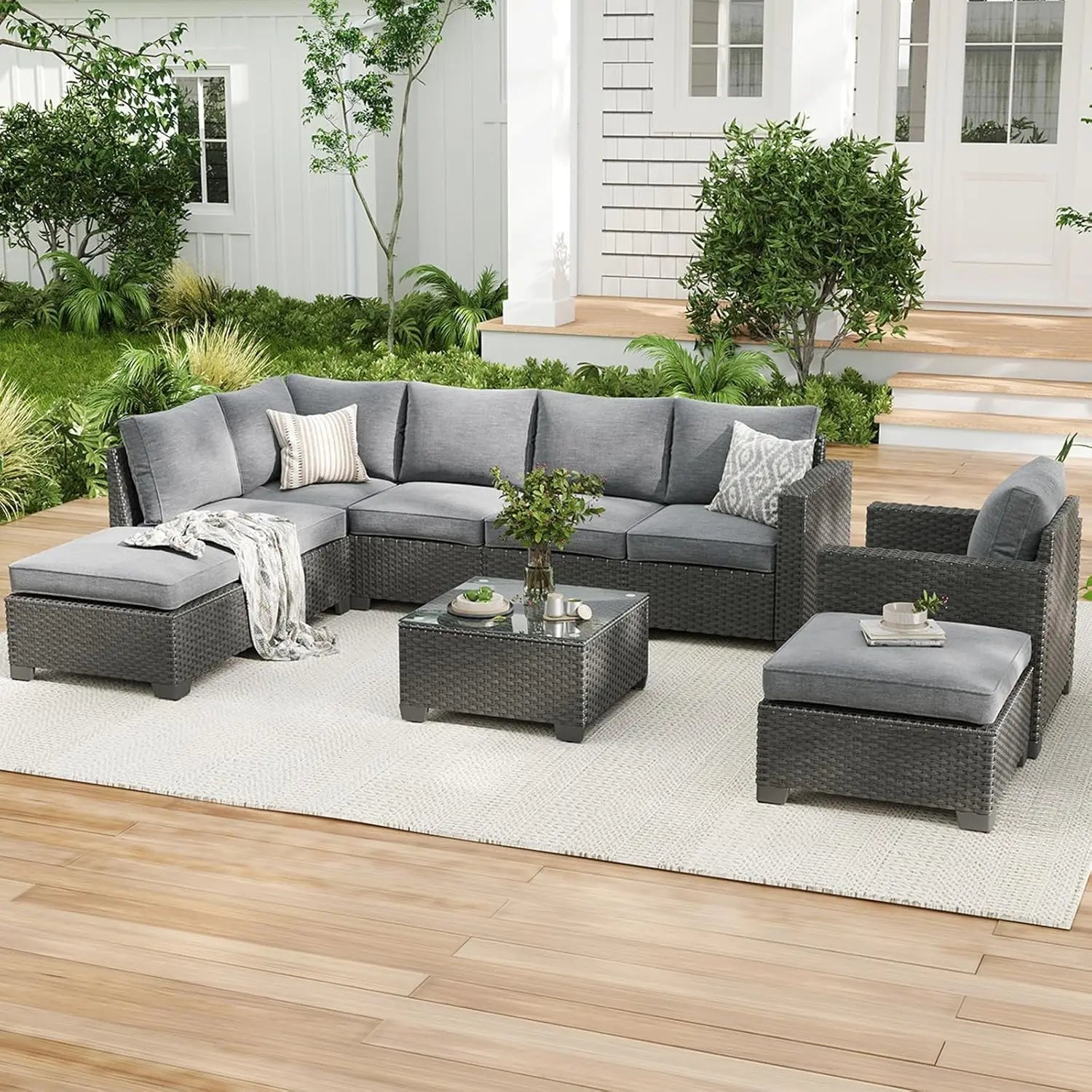 Farini Patio Sectional Sofa Set, Outdoor Furniture with Ottoman, Water/Oil/Stain-Resistant Fabric, Dark Gray Cushion + Gray Wick The Pet & Home Store