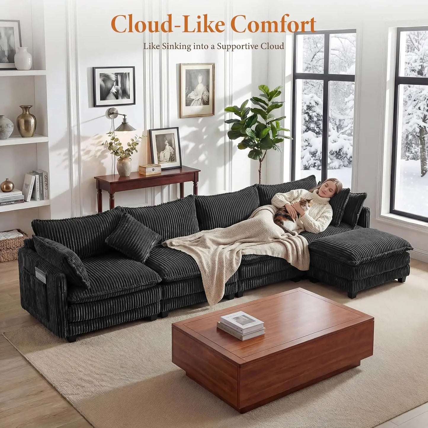L Shape Modular Sectional Sofa Corduroy Cloud Living Room 3 Seat Ottoman Pillows Dark Grey, Custom