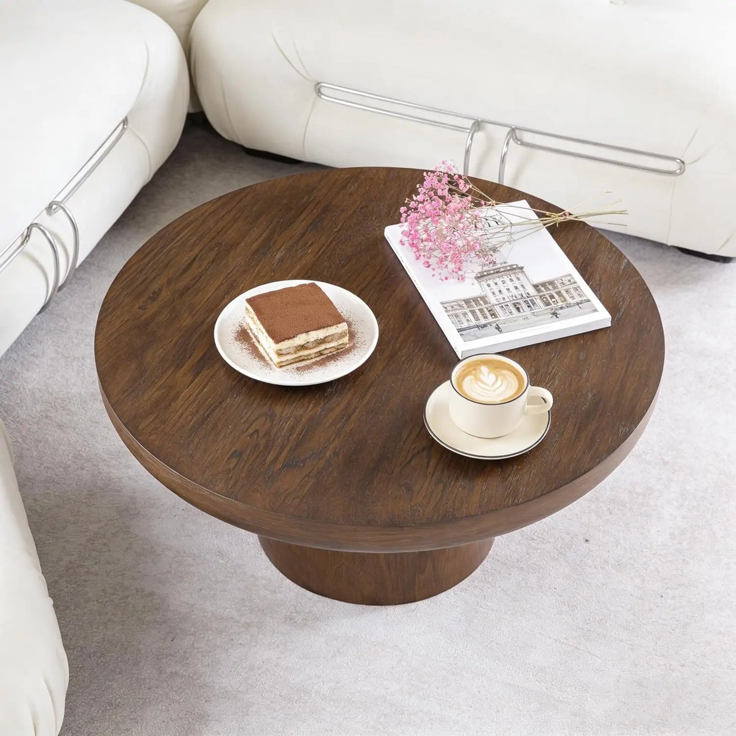 Wood Pedestal Coffee Table For Living Room Minimalist Modern Circle