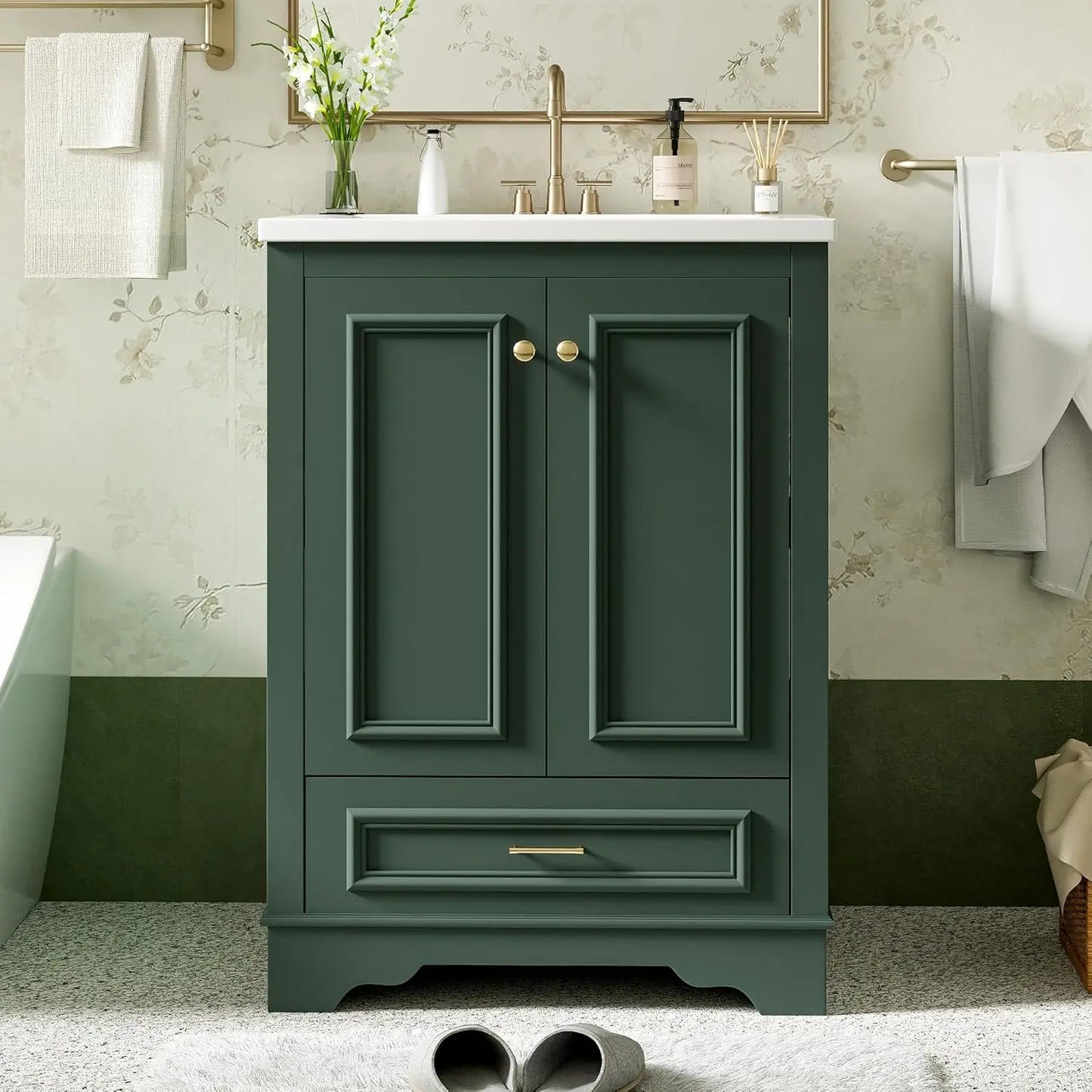 Wood Bathroom Vanity Cabinet With Ceramic Sink Adjustable Drawer Shelf