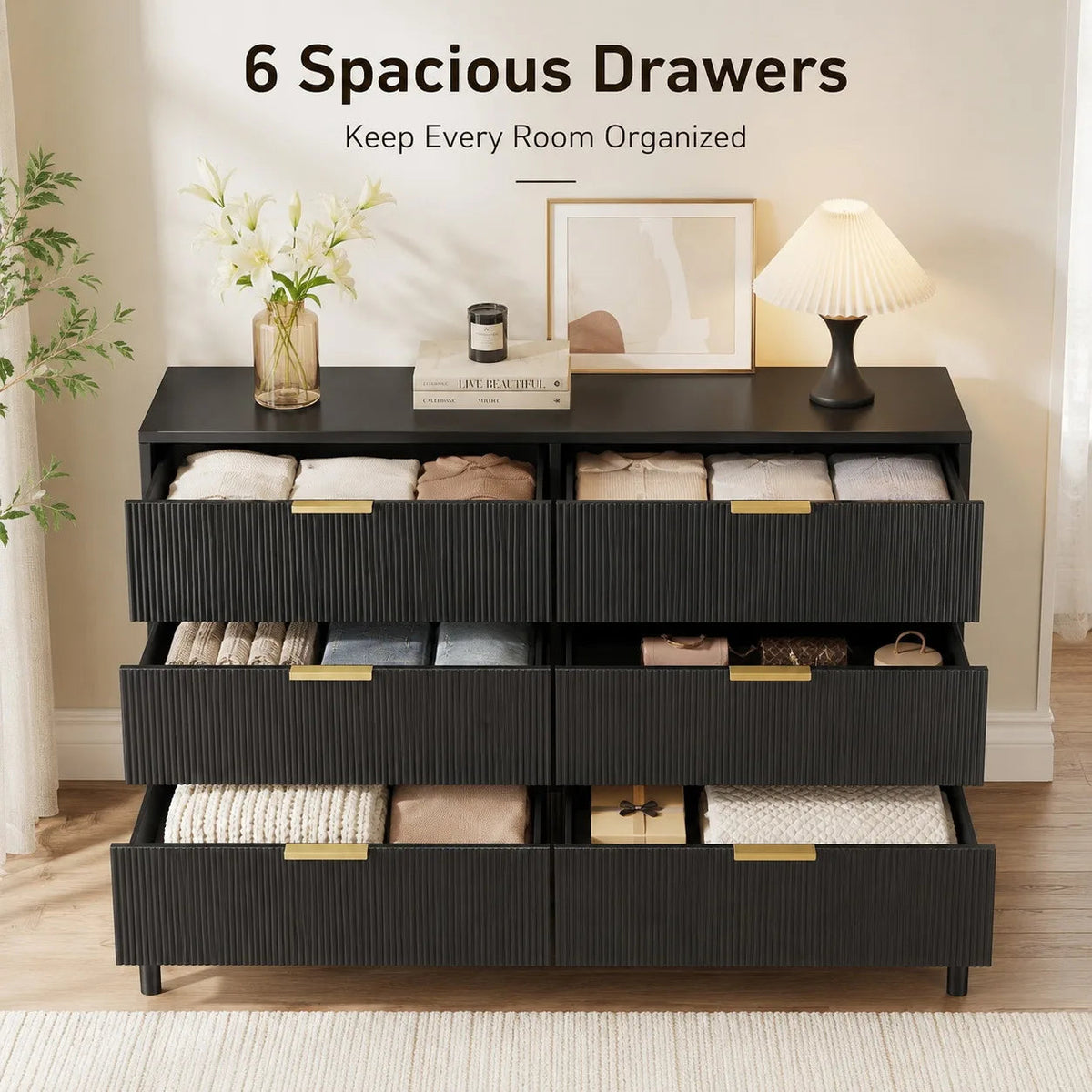 Fluted 6 Drawer Dresser with Metal Legs Wide Storage Cabinet Wood Chest of Drawers Anti Tipping Design Bedroom Living Room Hallway Organizer The Pet & Home Store