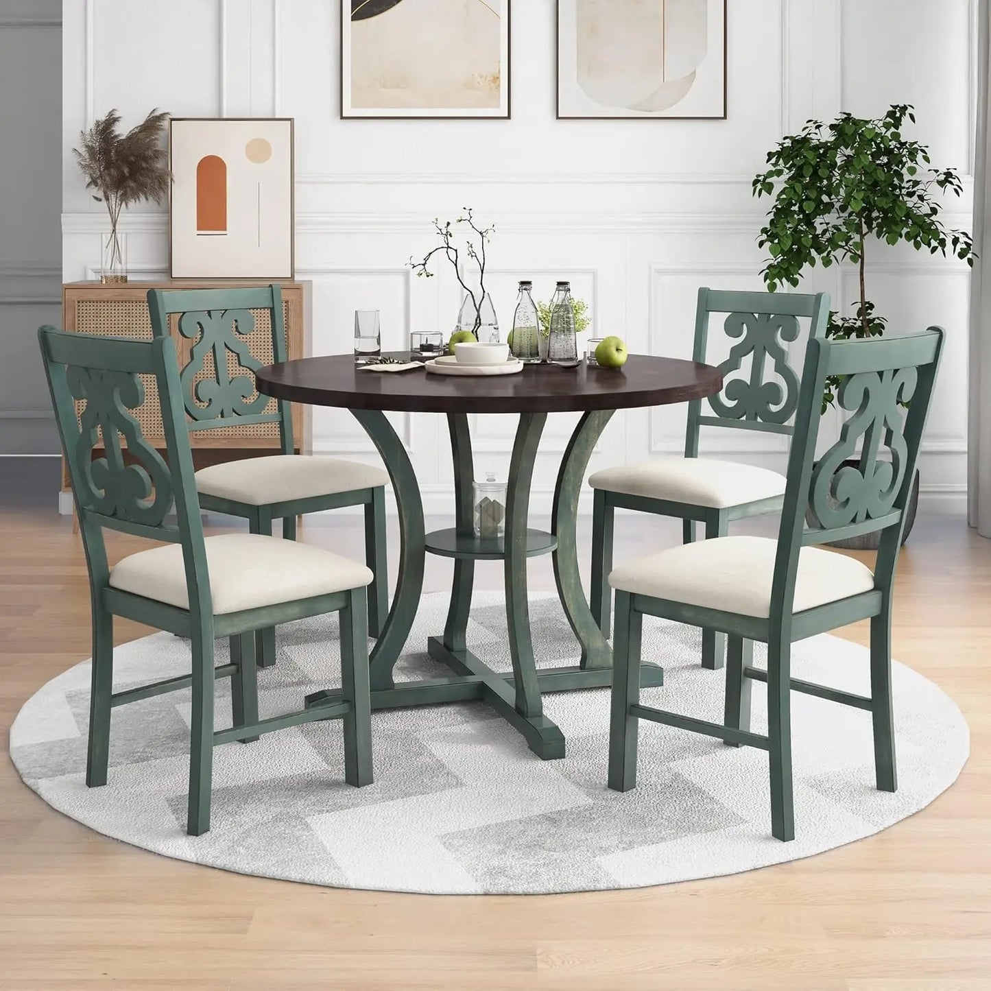 Solid Wood Dining Set With Extendable Table And Upholstered Chairs