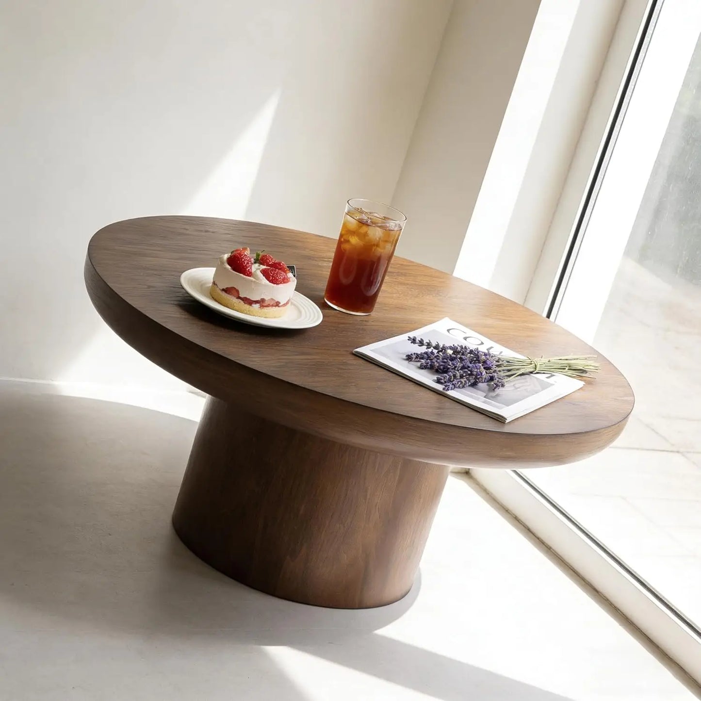 Wood Pedestal Coffee Table For Living Room Minimalist Modern Circle