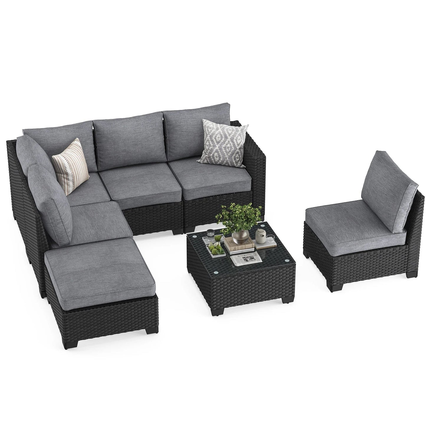 Farini Patio Sectional Sofa Set, Outdoor Furniture with Ottoman, Water/Oil/Stain-Resistant Fabric, Dark Gray Cushion + Gray Wick The Pet & Home Store