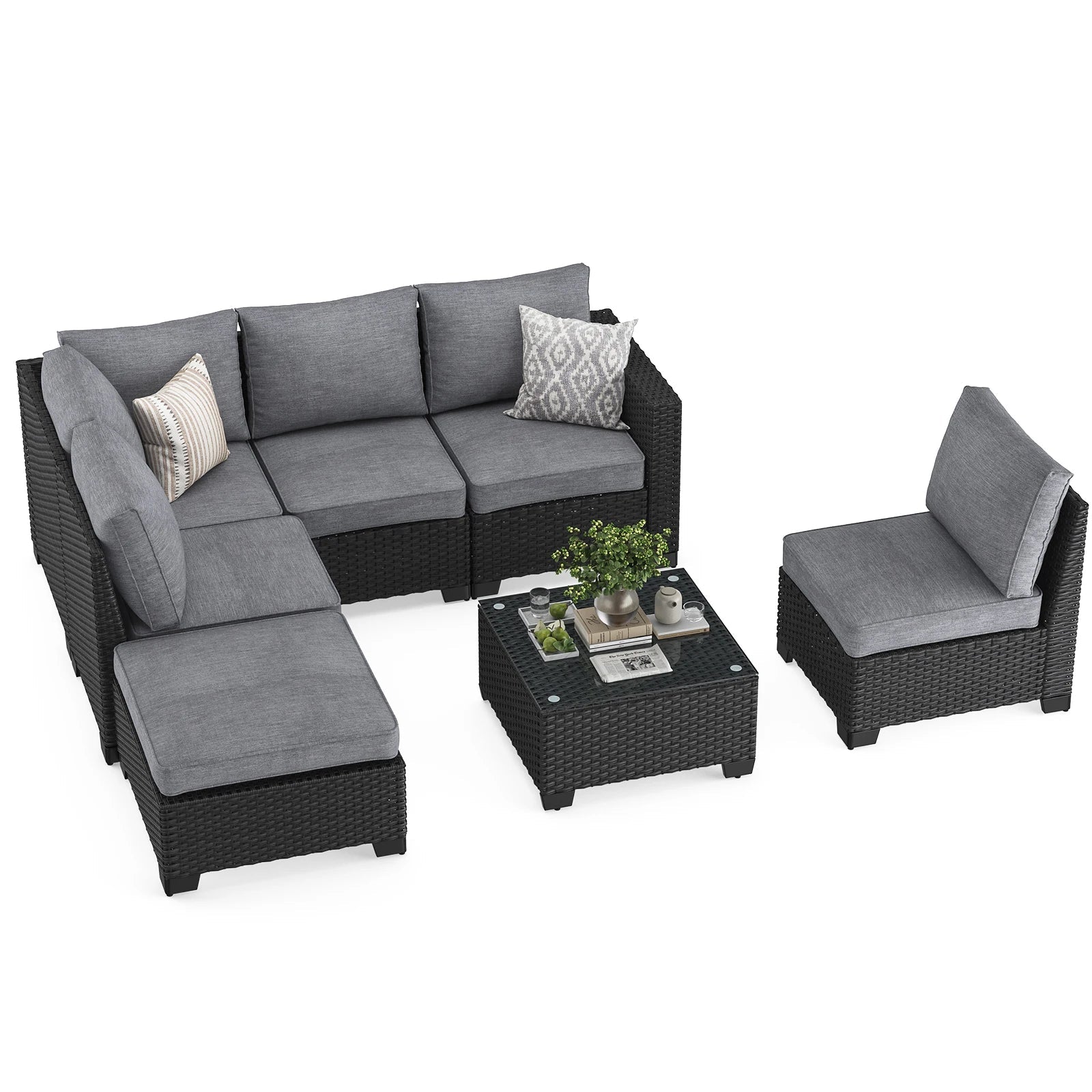 Farini Patio Sectional Sofa Set, Outdoor Furniture with Ottoman, Water/Oil/Stain-Resistant Fabric, Dark Gray Cushion + Gray Wick The Pet & Home Store