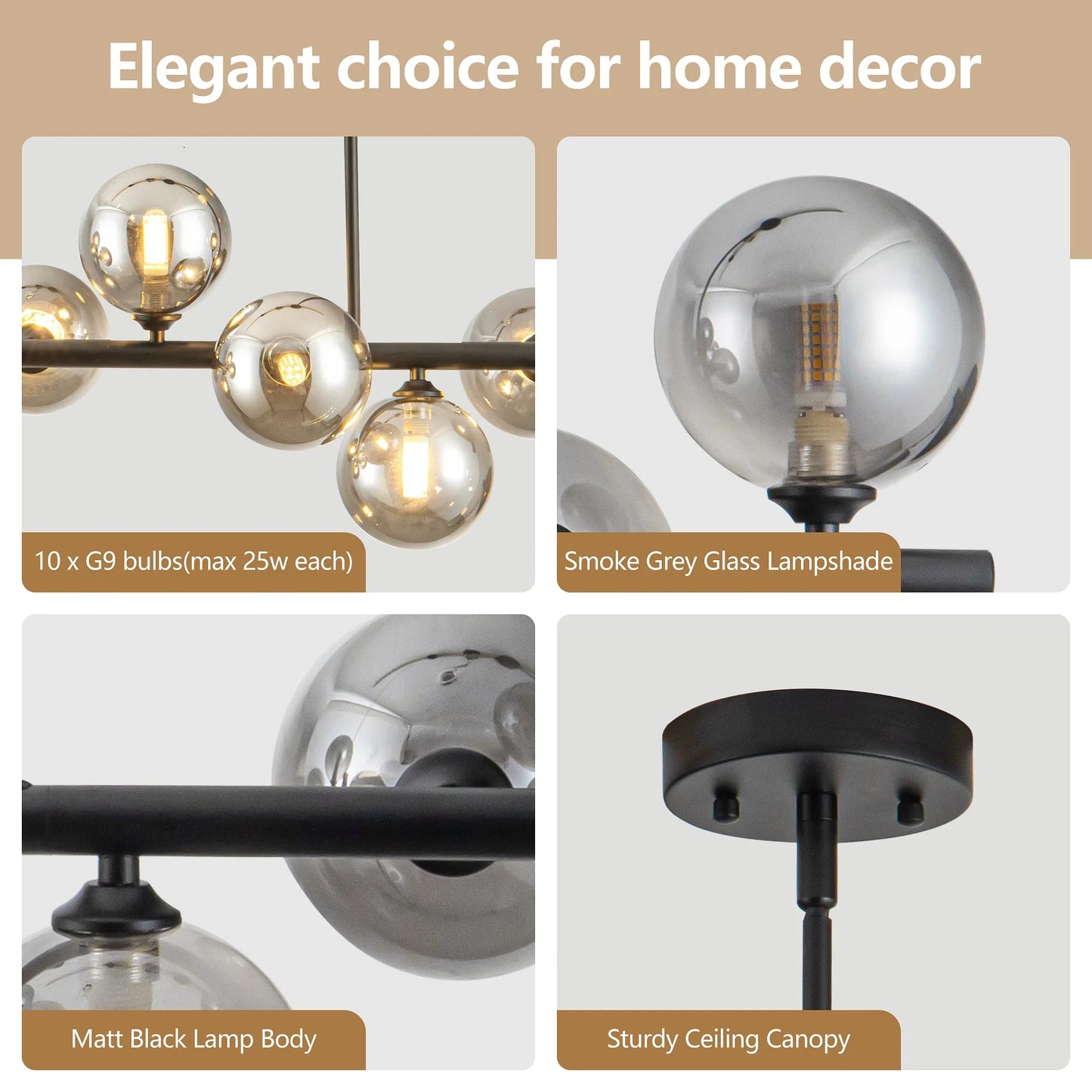 10-Light Matte Black Adjustable Chandelier with Smoked Glass Globe Shades Mid-Century Modern Style Pendant Light for Dining Room