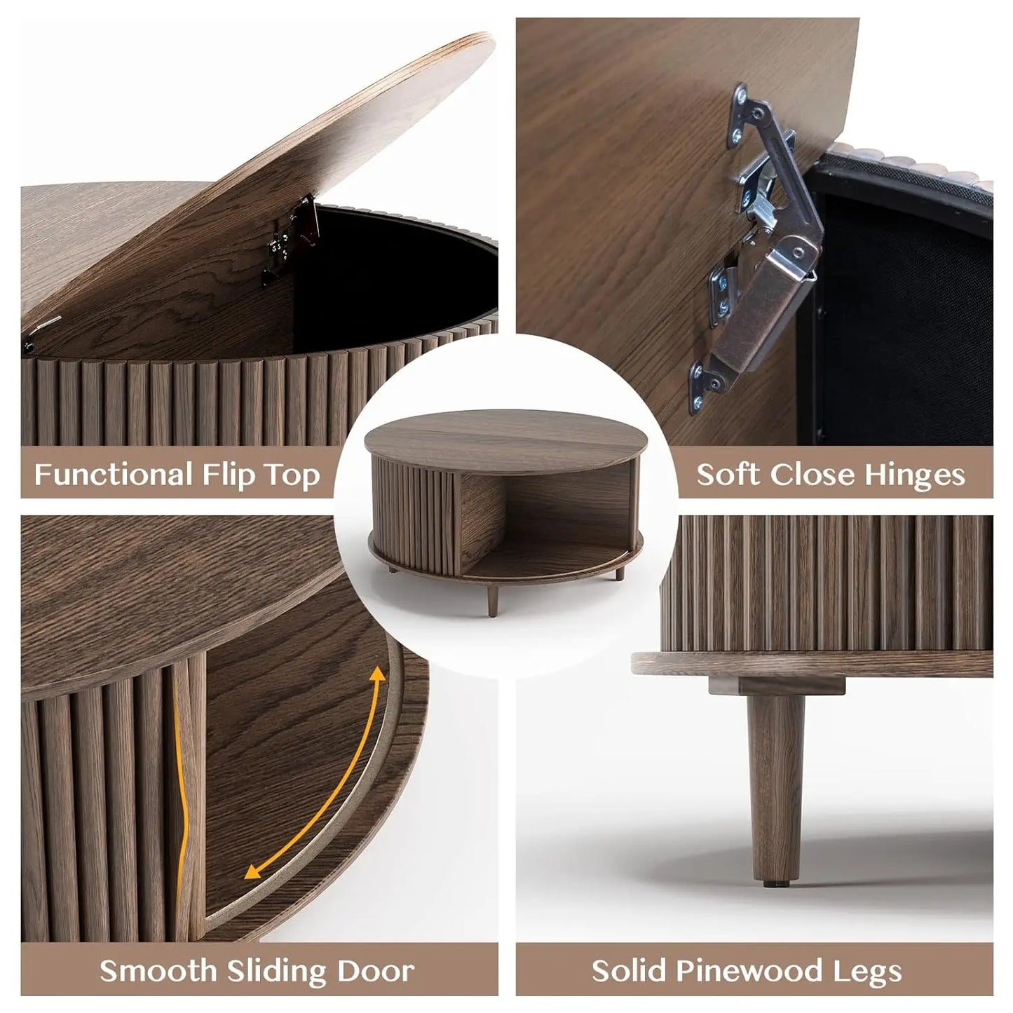 Round Coffee Table With Hidden Storage Walnut Wood Drum Table