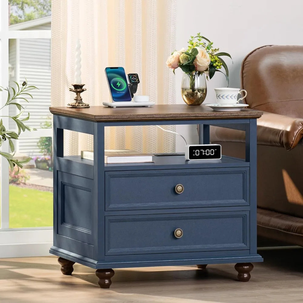 Farmhouse Wood Nightstand With Charging Station And Two Drawers