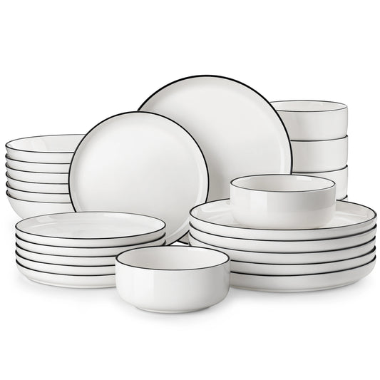 MALACASA 24/48Piece Ceramic Plates Black Rim Porcelain Dinnerware Set  6/12 Pcs Dinner/Soup/Dessert Plates/Bowl Service for 6/12