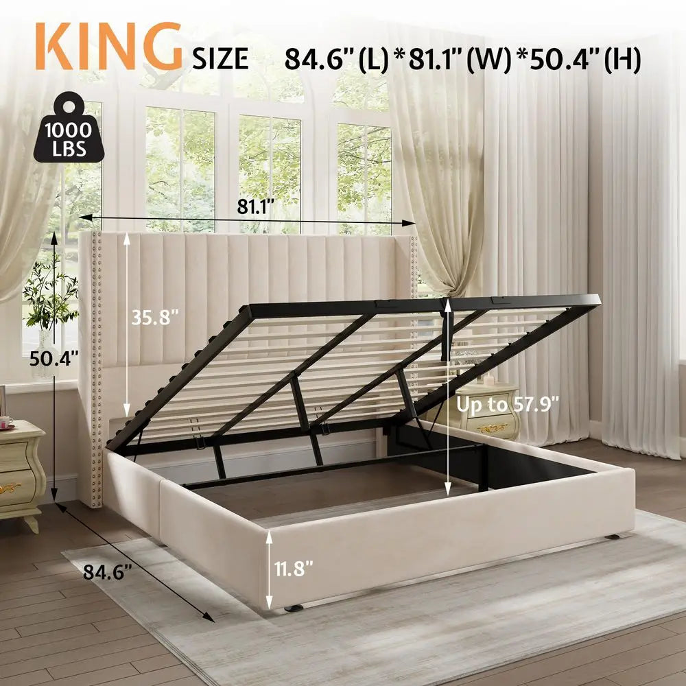 Upholstered King Lift Up Storage Bed Frame Velvet Headboard
