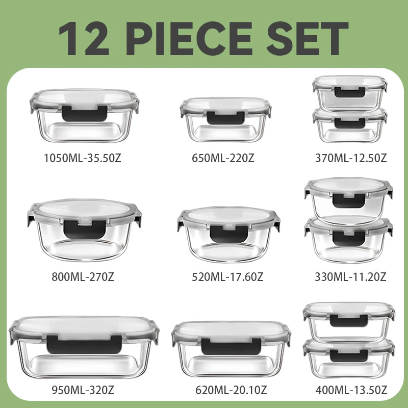 Glass Lunch Box Set 12 Piece Meal Prep Containers Airtight