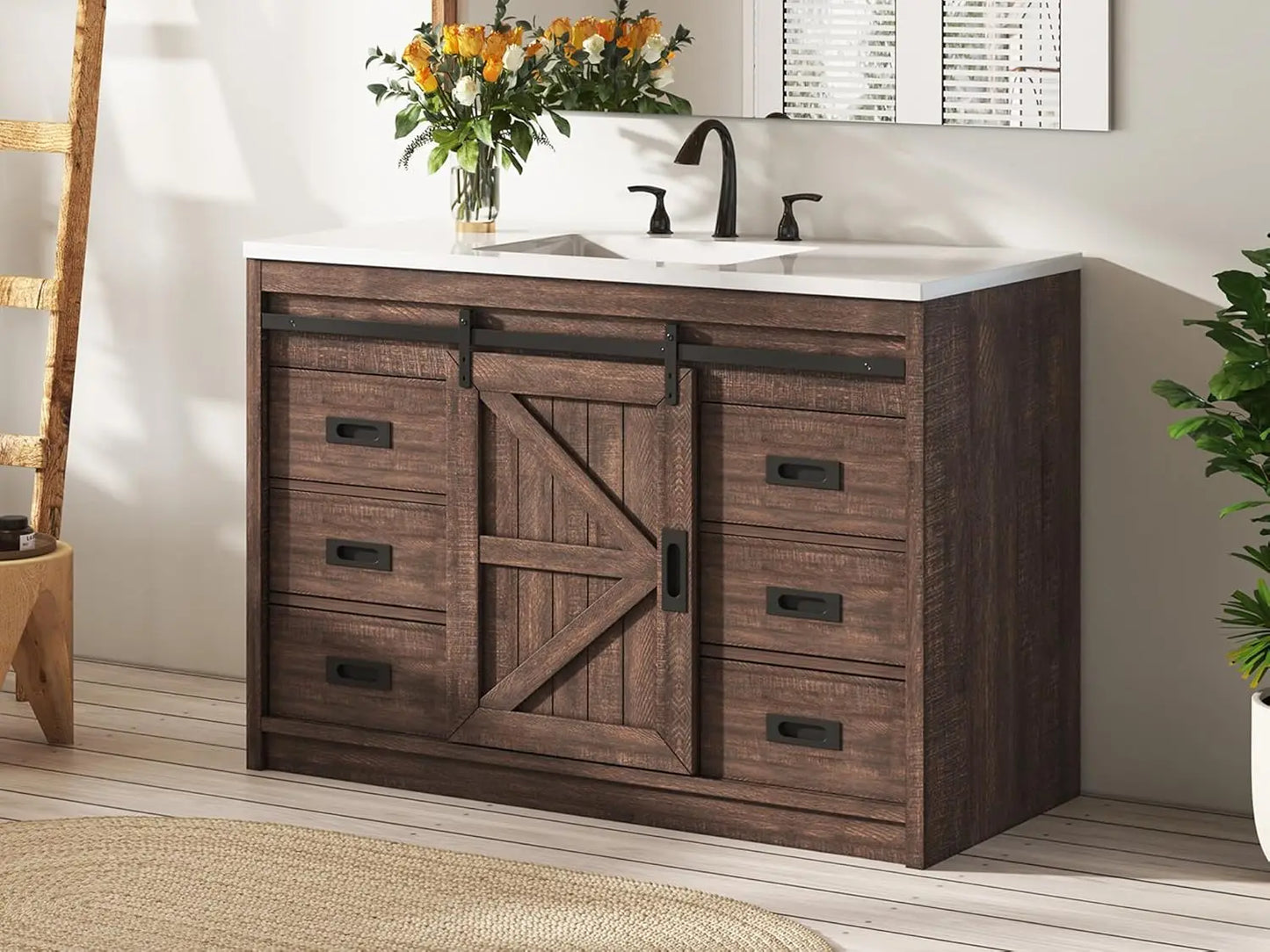 48'' Farmhouse Freestanding Bathroom Vanity with Sink Sliding Barn Door Drawers Metal Handles Deep Basin Storage Custom