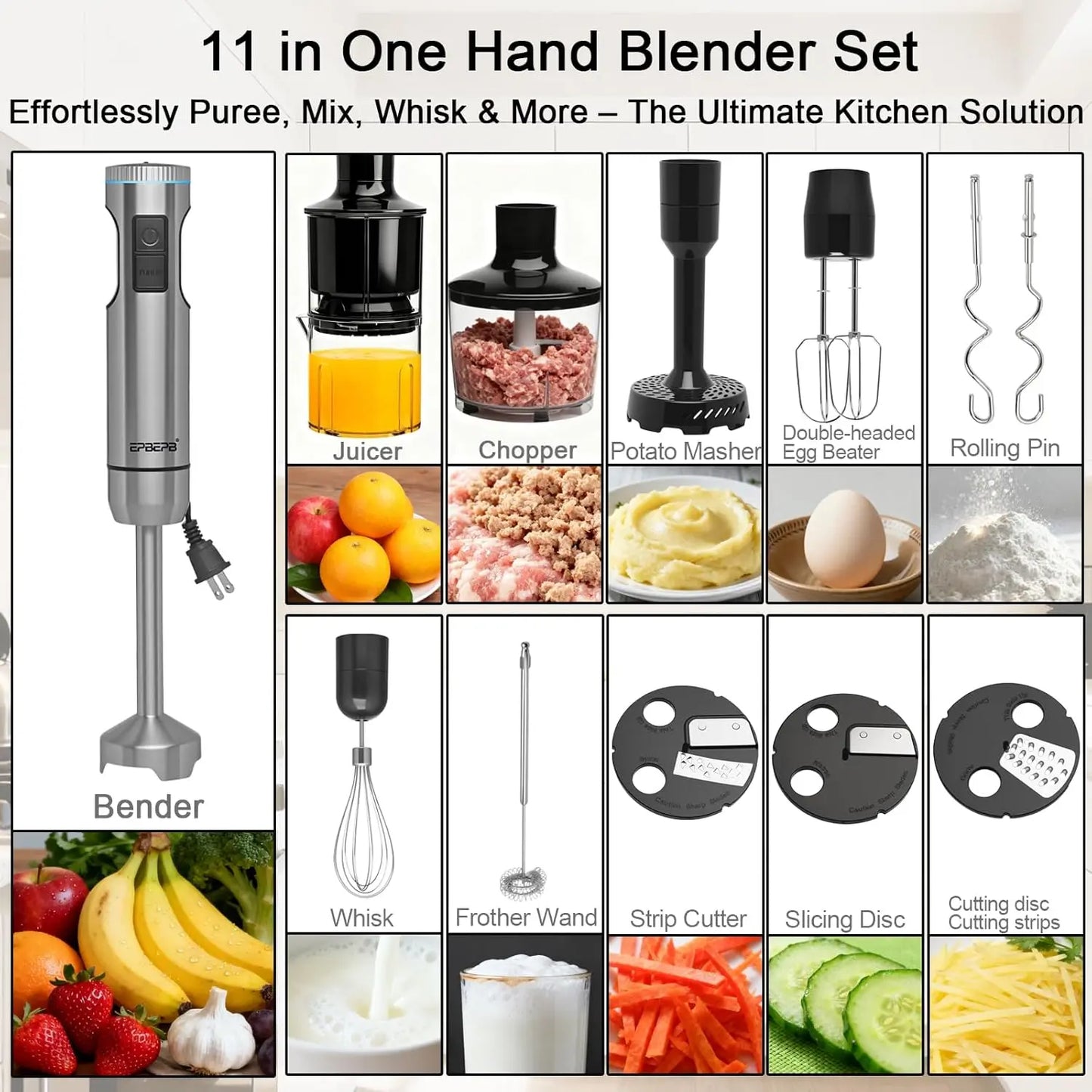 1000W 12-in-1 Immersion Blender Set, Handheld Stick Mixer for Smoothies, Juicing, Meat Grinding, Frothing Milk, Beating Eggs, Kn The Pet & Home Store
