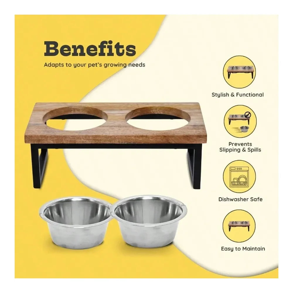 Mango Wood Raised Dog Bowl Stand With Stainless Steel Bowls