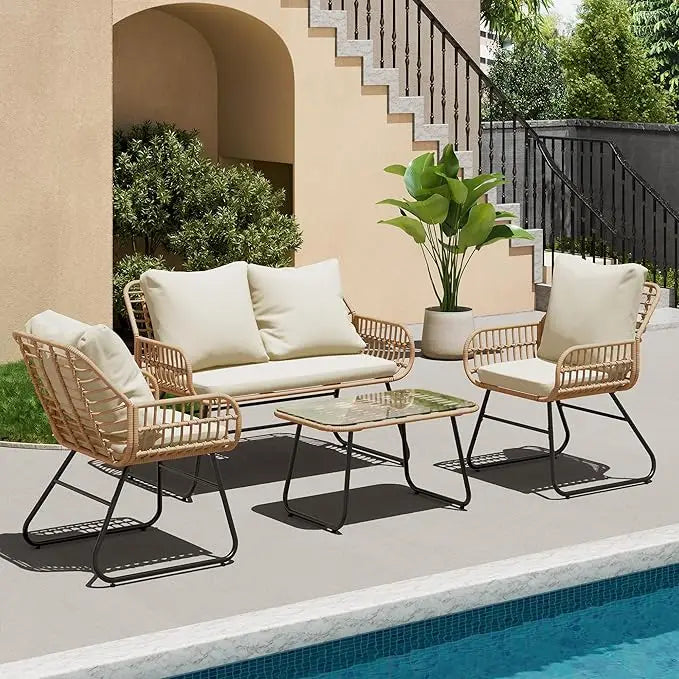4-Piece Wicker Outdoor Patio Furniture Set with Cushions & Tempered Glass Table The Pet & Home Store