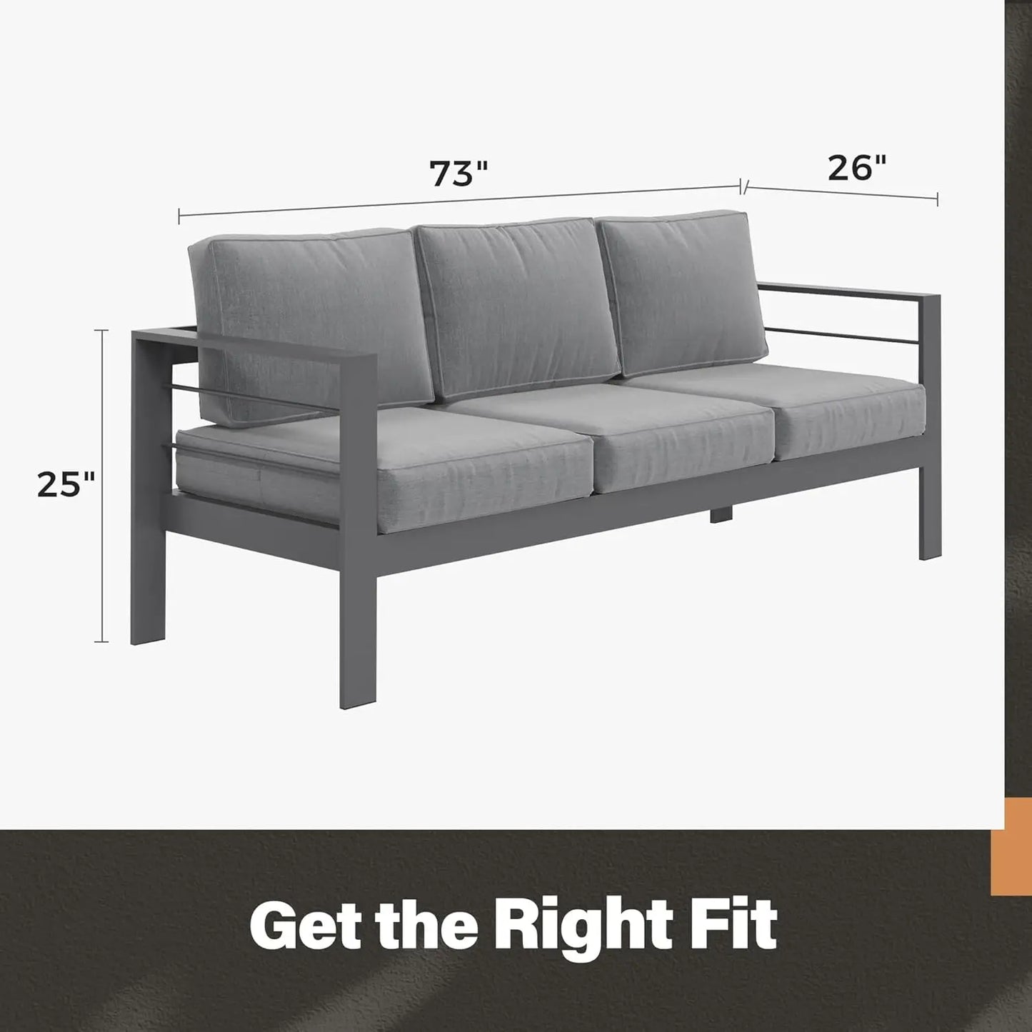 3 Seat Dark Aluminum Patio Sofa, All Weather Outdoor Couch with Cushions, Customized