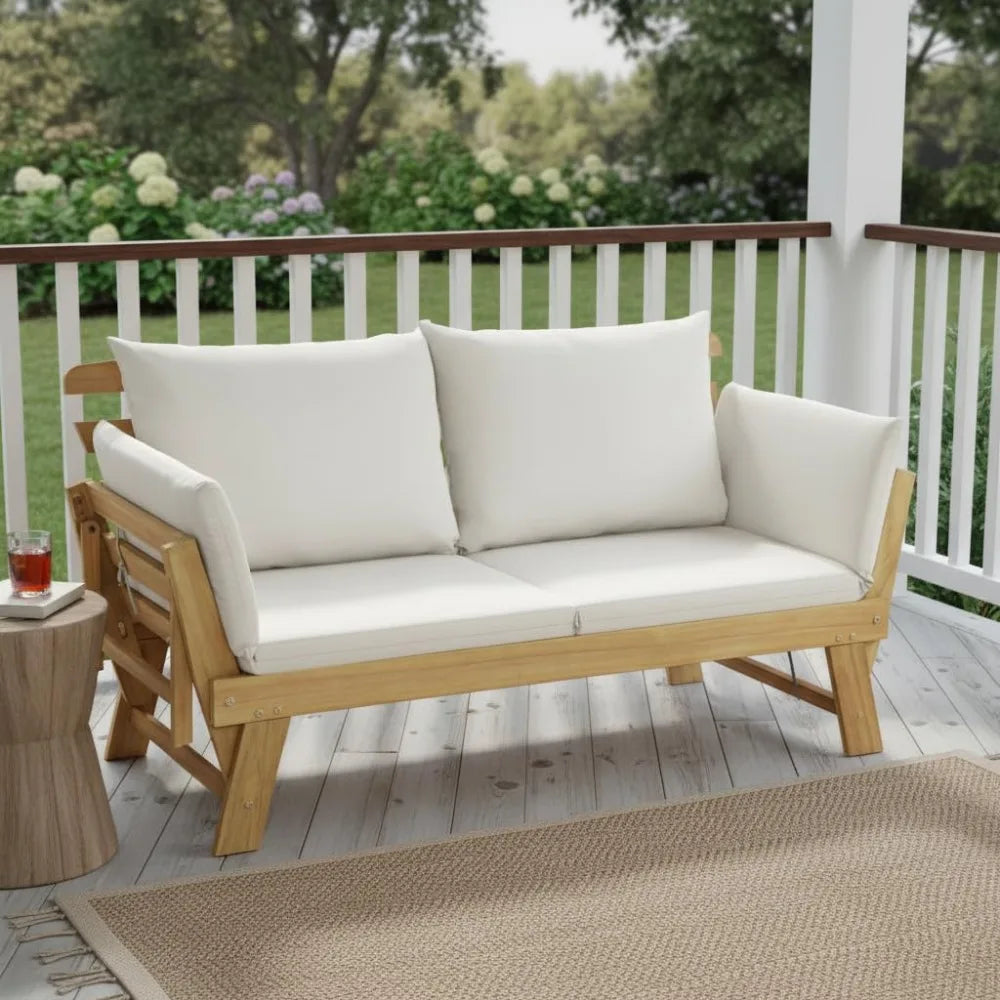 Convertible Acacia Patio Sofa Bed Adjustable Armrest Cushion Pillows Outdoor Folding Futon Bench Porch Garden 3-Seat, Custom