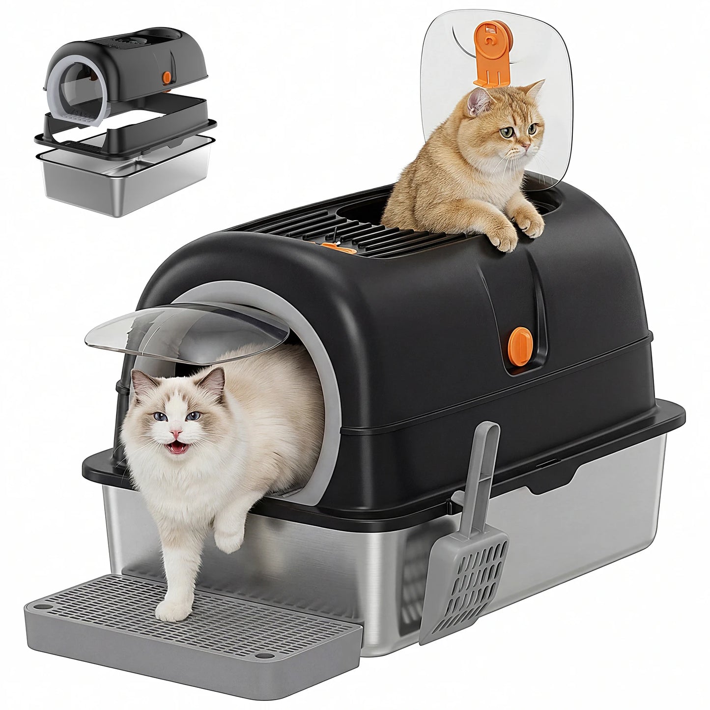 JHK 24IN Stainless Steel Cat Litter Box with Fully Enclosed 30L Large Cat Litter Box for Big Cats Cat Box Scoop and Mat Included