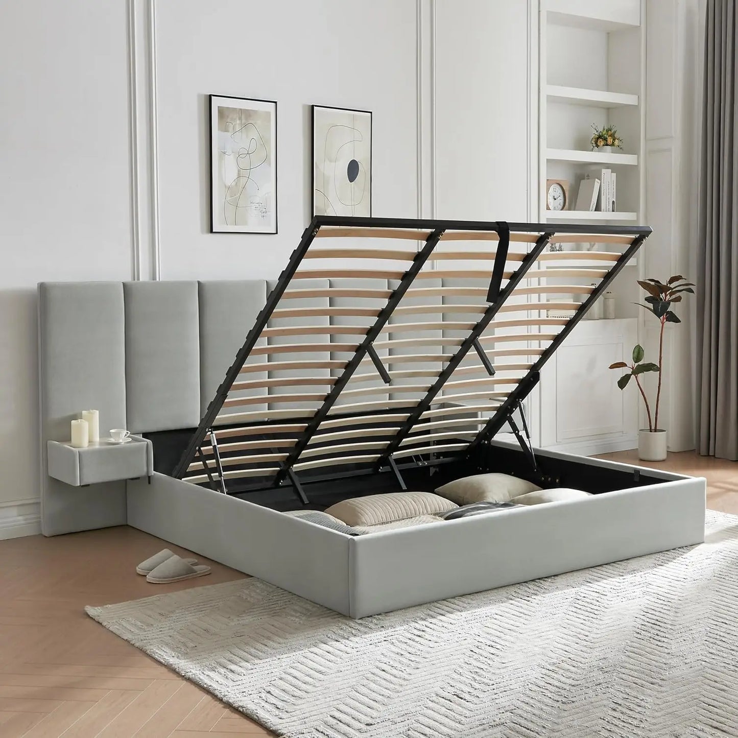King Upholstered Platform Bed With Lift-Up Storage Velvet Headboard