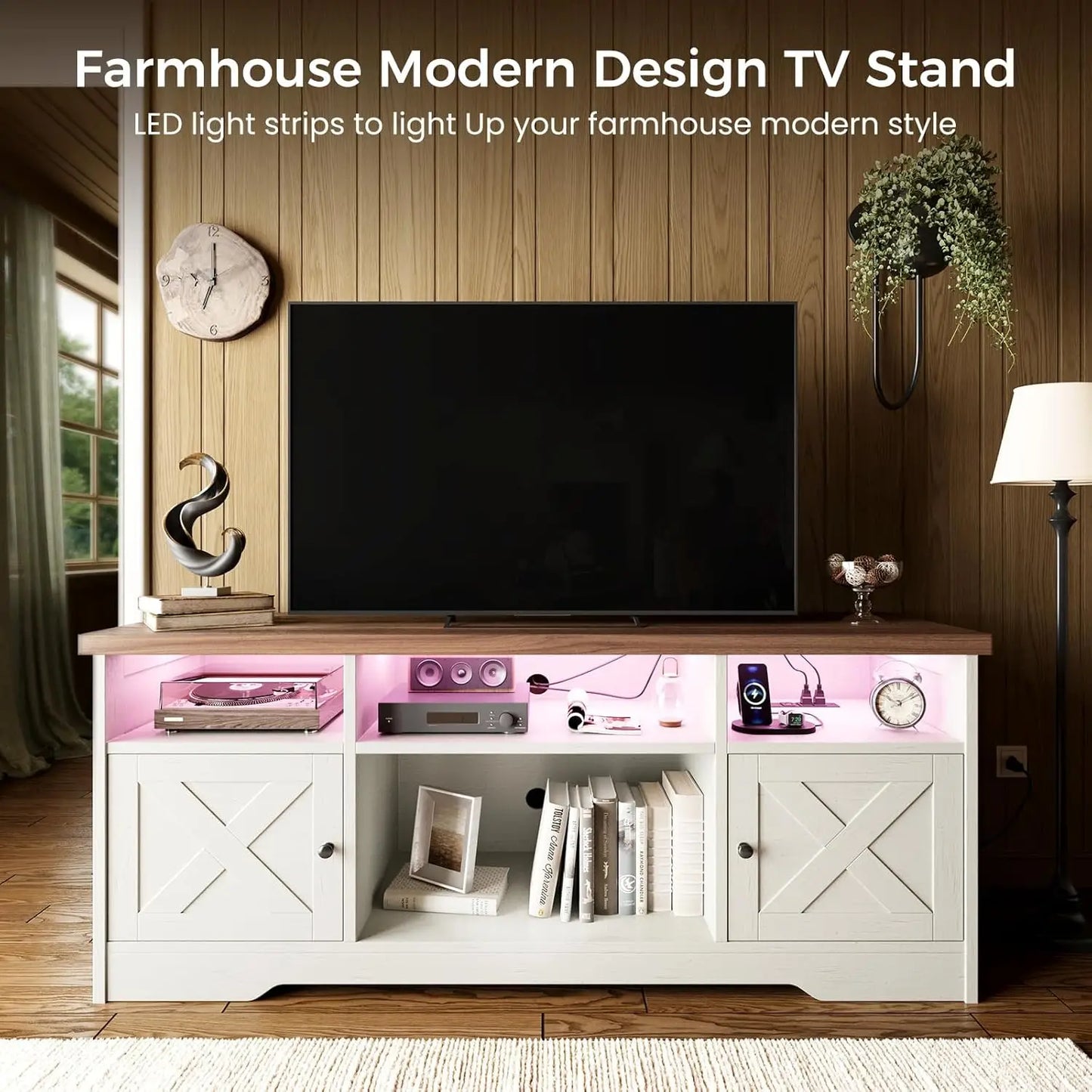 Farmhouse TV Stand with Power Outlet LED Light Storage Cabinets for Living Room Bedroom White, Customized