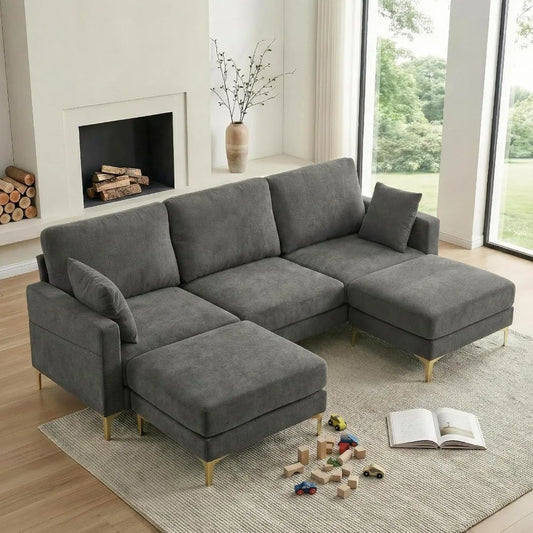 100" W U Shaped Couch with Ottoman, 22" Deep Seat Comfortable Sectional Couches for Living Room,  Chenille Fabric，Customized